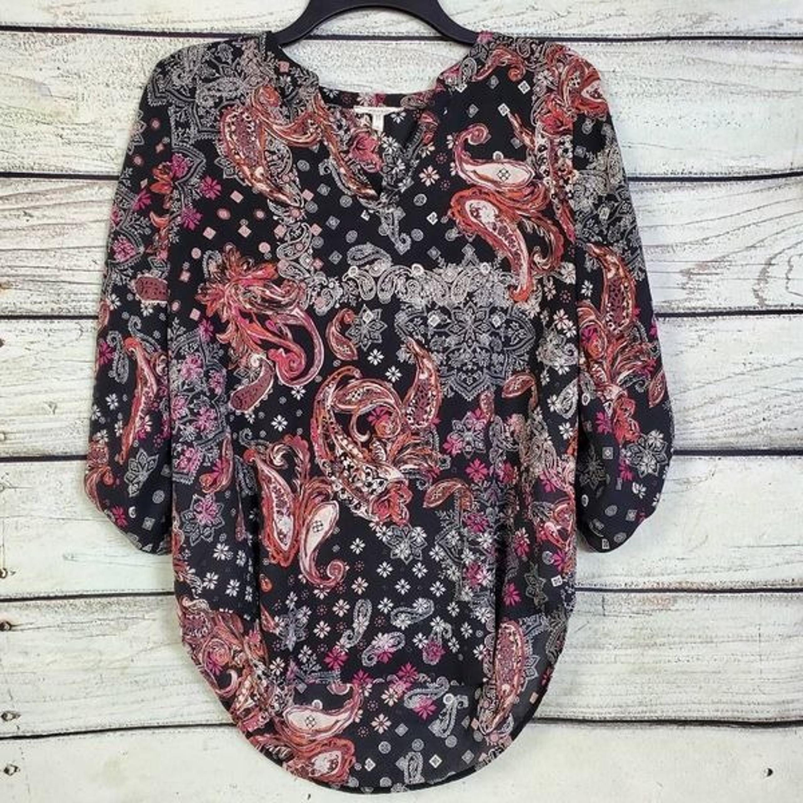 Maurices Women’s S Black Pink Paisley Floral Boho Blouse 3/4 Sleeve Tunic Top