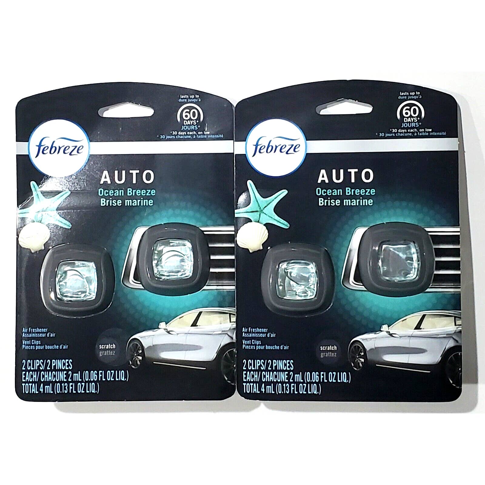 2 Packs Of 2 Febreze Auto Ocean Breeze Air Freshener Vent Clips