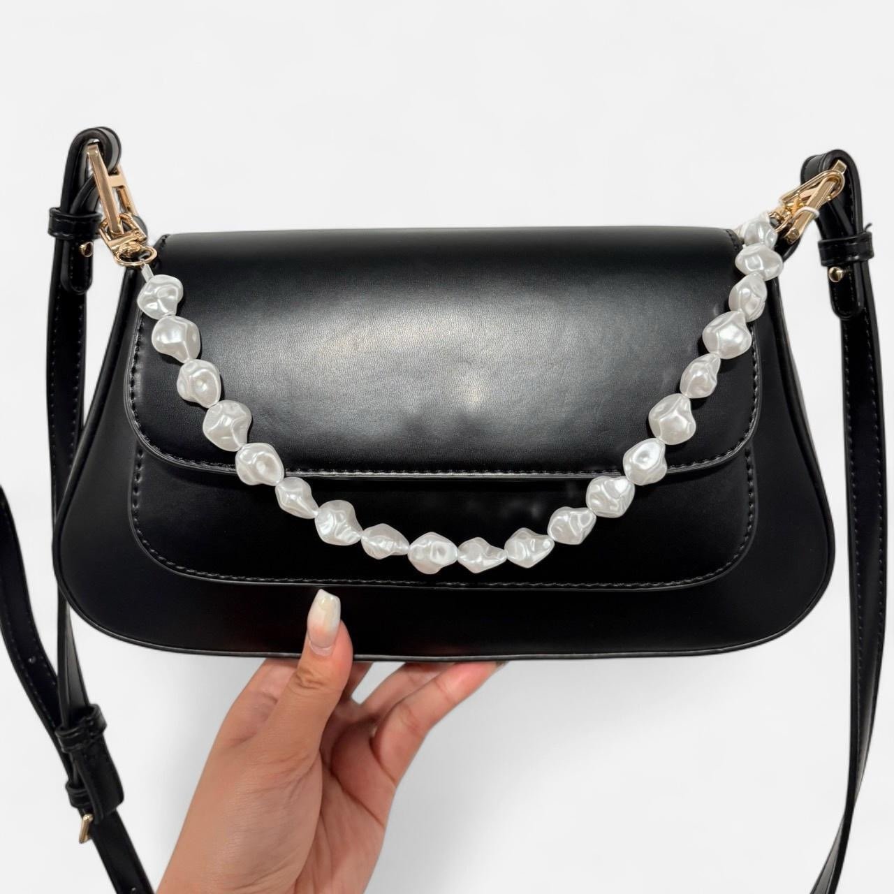 Urban Expressions Black Crossbody Bag with Baroque Pearl & Rock Charm