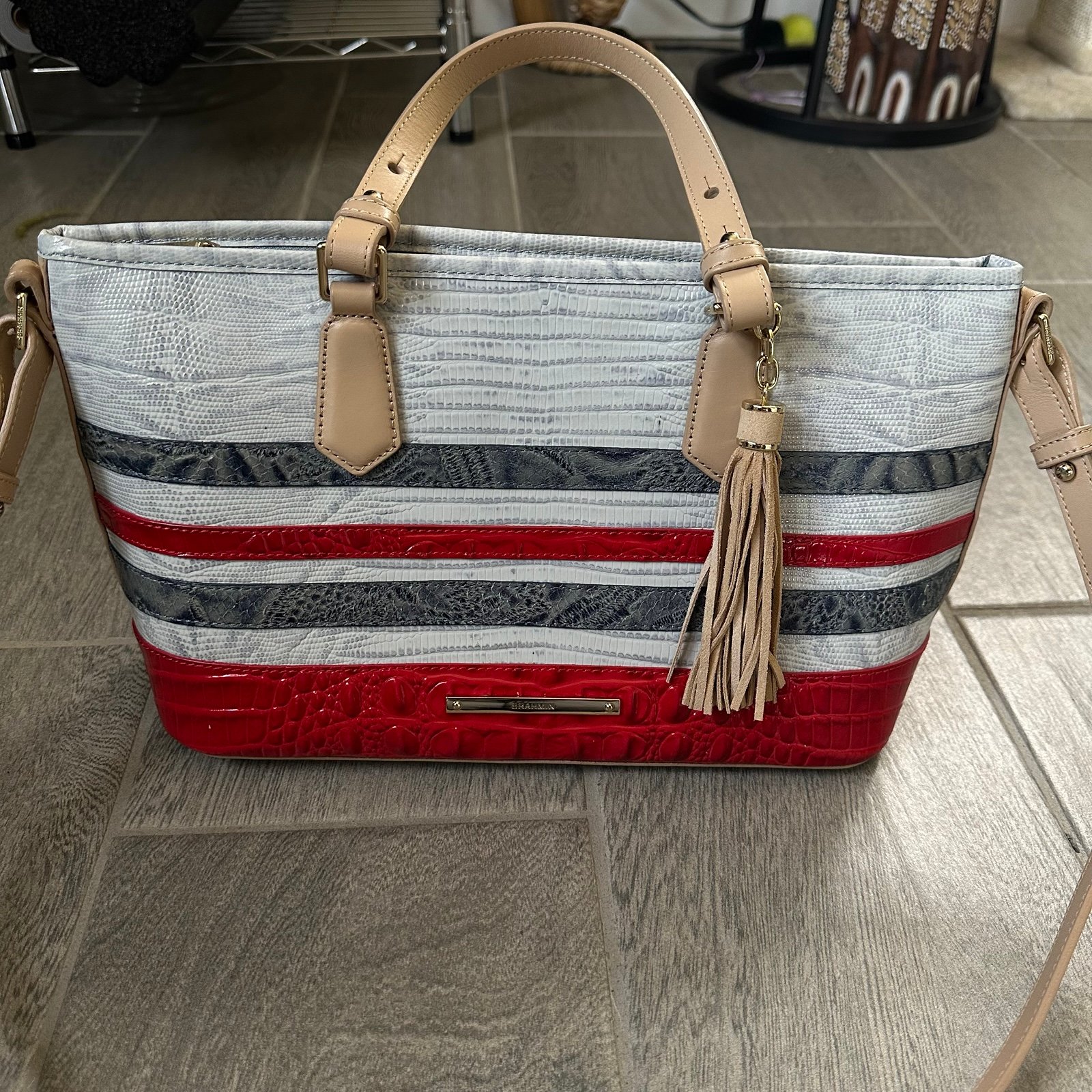 Brahmin Mini Asher Leather Satchel Shoulder Bag In Bluestone Habanera TriTexture