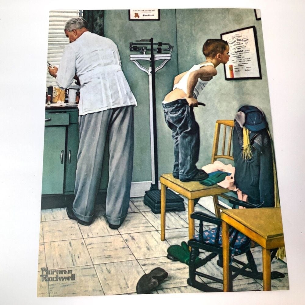 Lithograph by Norman Rockwell 14x11 At the Doctors Waiting for the Shot Vtg