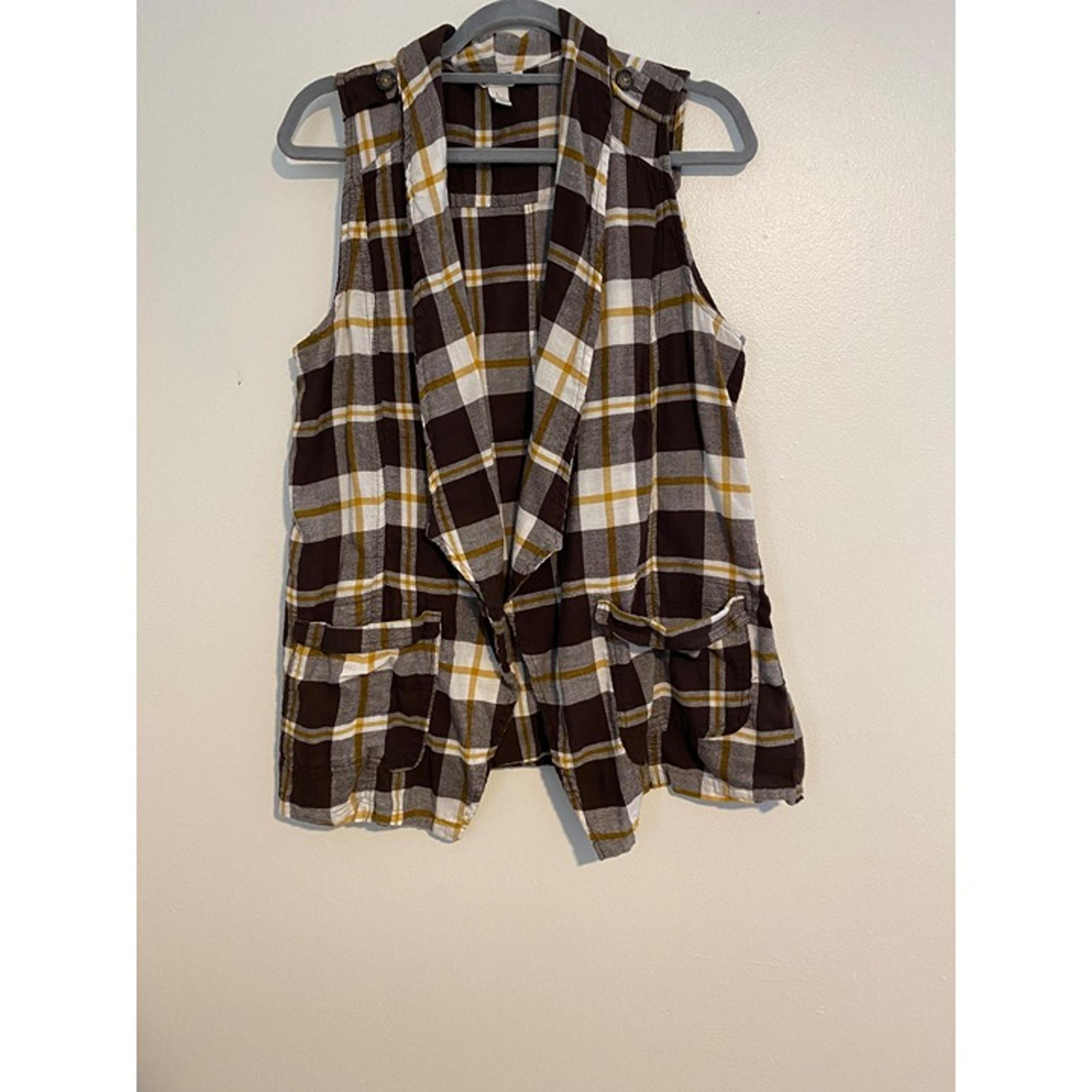 Cato Women Plaid Sleeveless Open Vest Size L Brown & Yellow Cardigan Boho Hippie