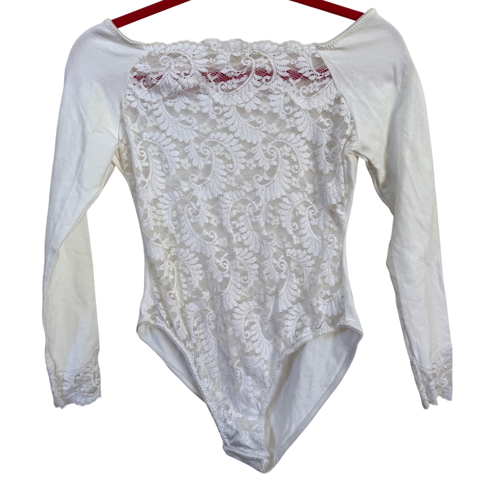 Victoria's Secret 90s Vintage White Lace Back Long Sleeve Bodysuit L USA Made