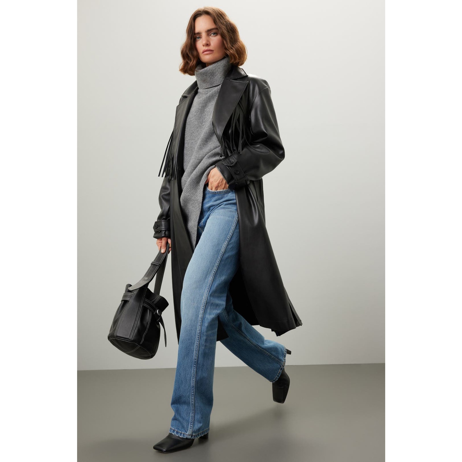 Jason Wu Faux Leather Fringe Trench Coat Black Open Long Sleeve Collared Sz S