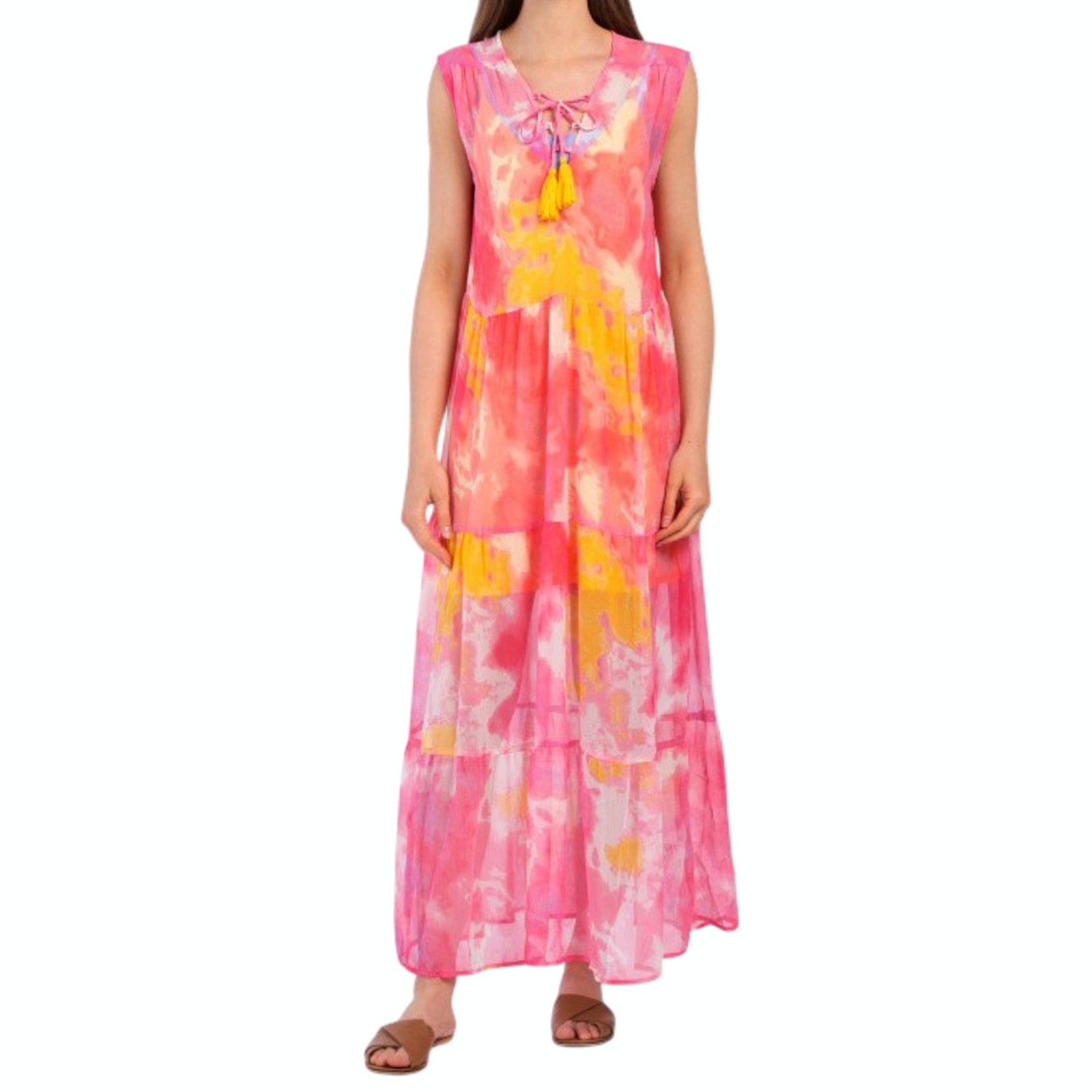 NWT AMERICA & BEYOND Abstract Print Relaxed Fit Tiered Sheer Cover-up Maxi Dress