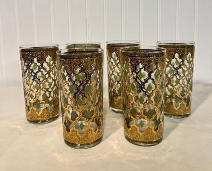 Vintage Culver Valencia Glass Set of 6 Tumblers Highball 1960's 22kt Gold & Gree