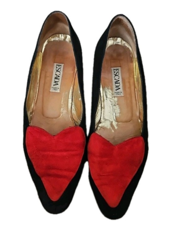 Escada Womens Vintage Black Suede Red Heart Loafer 9