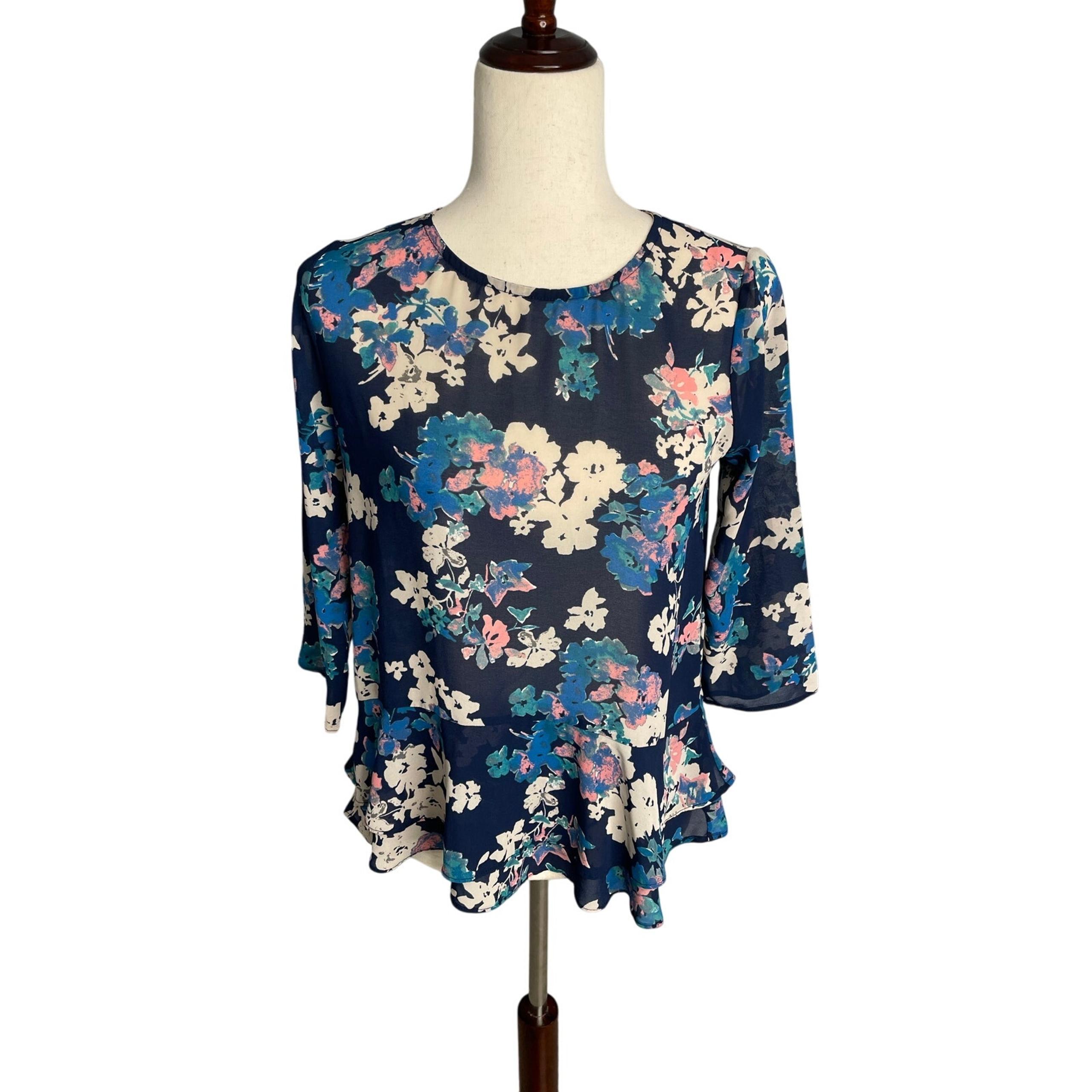 Anthropologie Everly sheer blue floral short sleeve blouse top womens size small