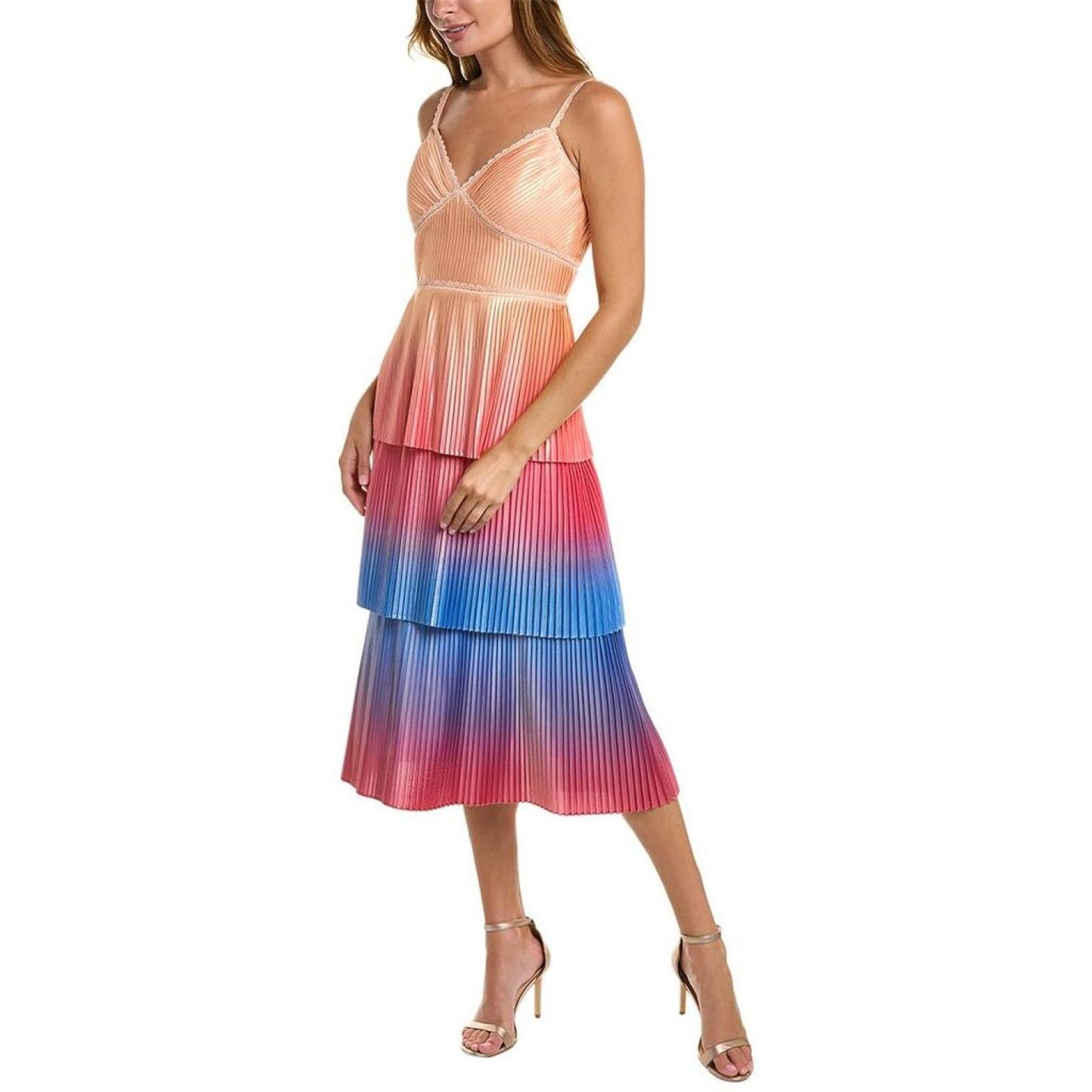 Marchesa Cocktail Midi Dress Champagne Pink Metallic Ombre Sz 6 Pleated