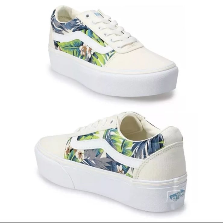 NEW Vans WARD PLATFORM Sneaker Tropical Hawaii Pri t Lace Up White 8.5