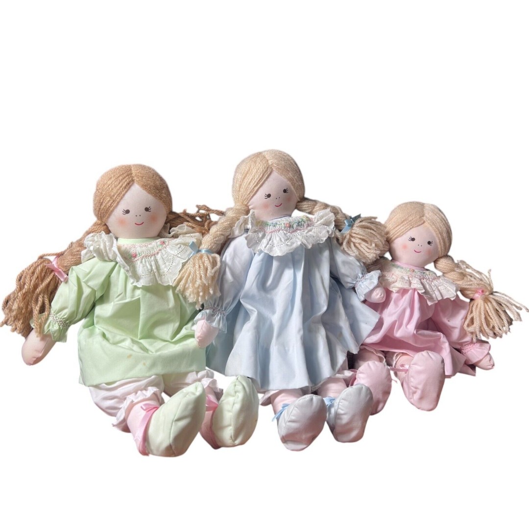 Lot of 3 Vintage House of Hatten Sister Cloth & Rag Dolls – Collectible Handmade