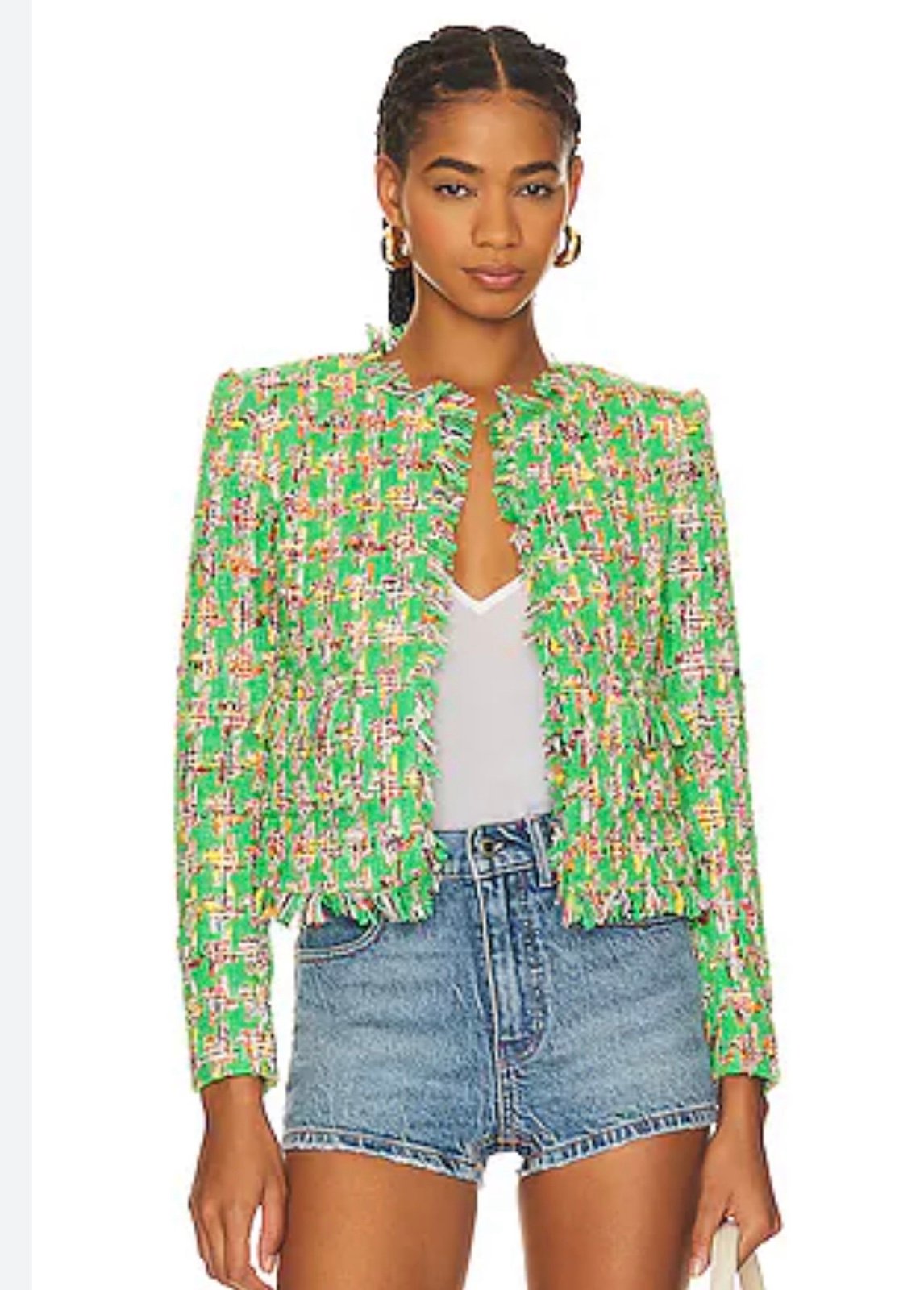 L'Agence Angelina Green Tweed Open Fringe Jacket Size 10 NWOT