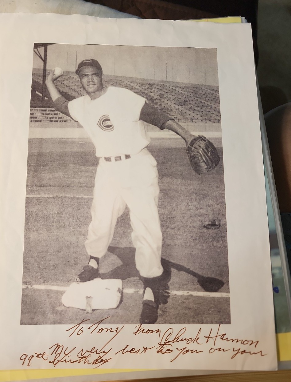 CHUCK HARMON SIGNED AUTOGRAPH B&W 8 1/2X11 PHOTO 1ST TEAM 1954-56 REDLEGS COA