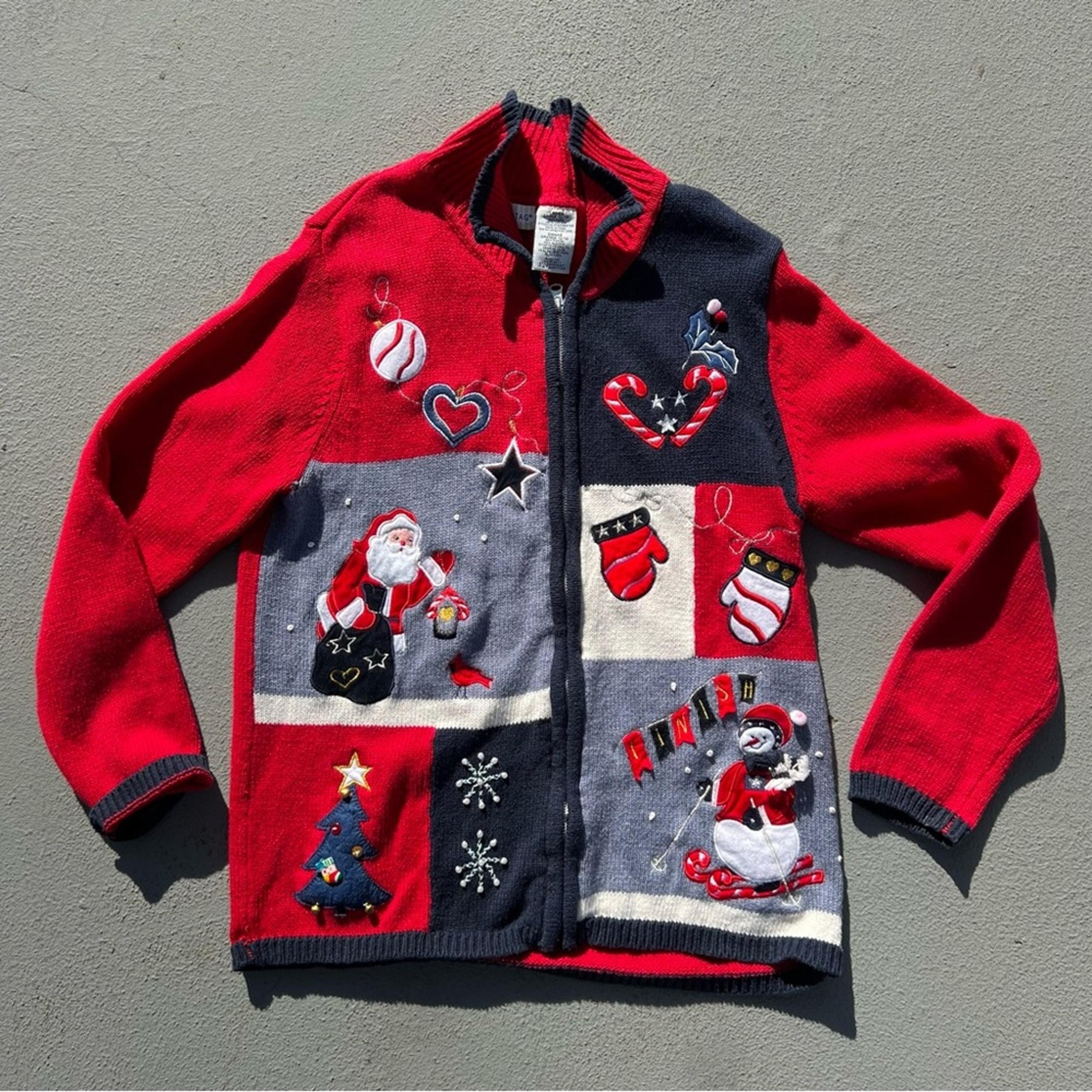 Vintage 90s Americana Ugly Christmas Sweater Cardigan Zipper Front LARGE