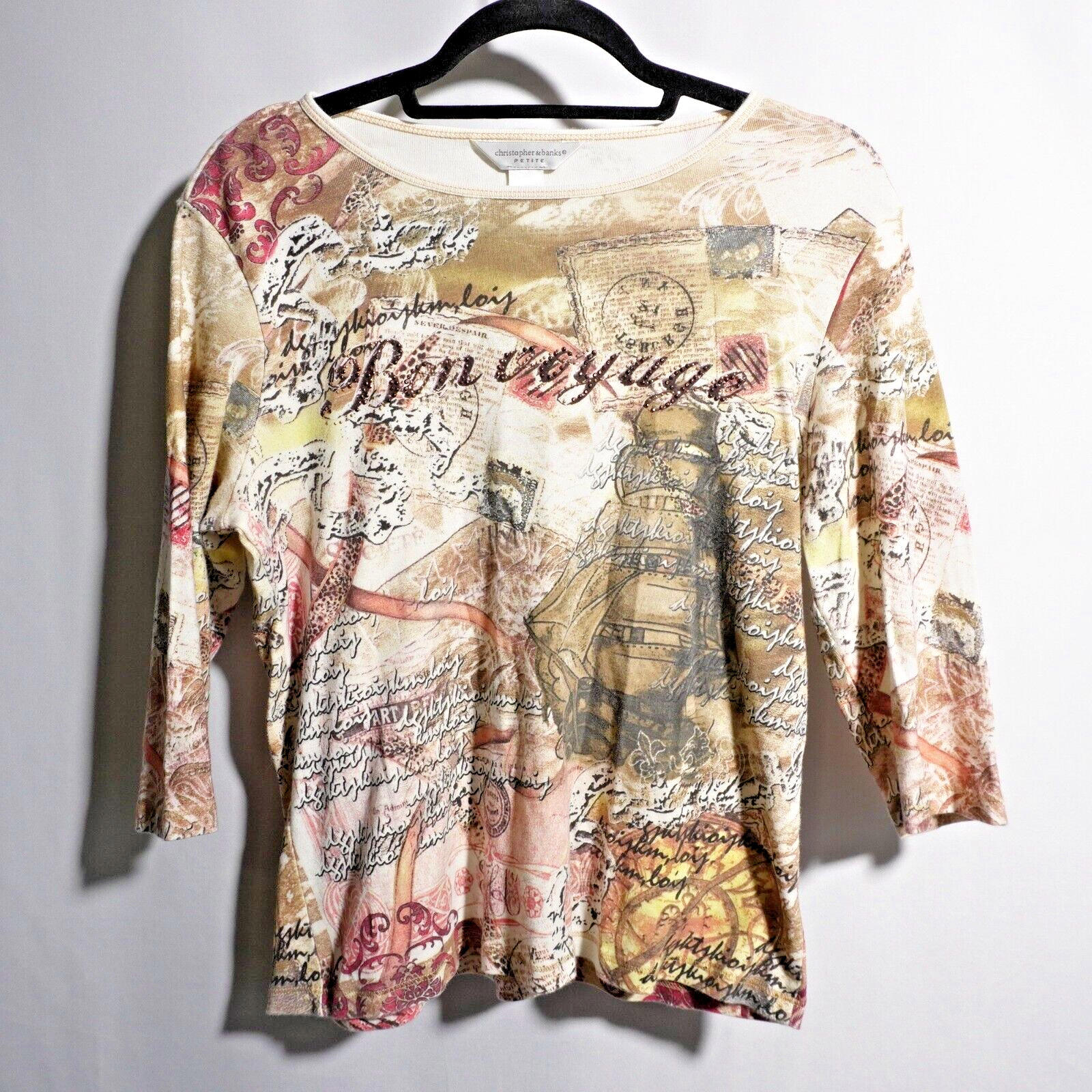 Y2K Paris Travel Graphic Sleeve Knit Shirt Rhinestones USA Made Womens P/L 2000s