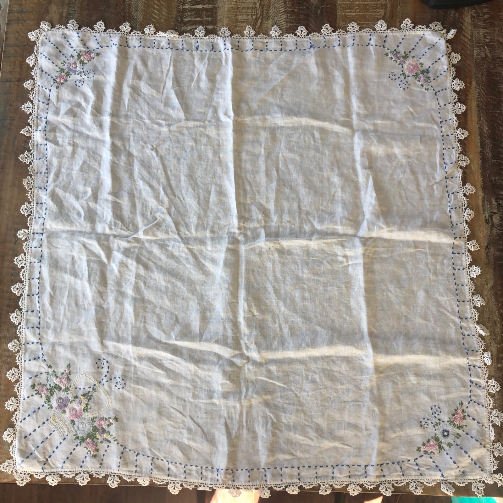 Vintage handmade floral crewel embroidered linen tablecloth