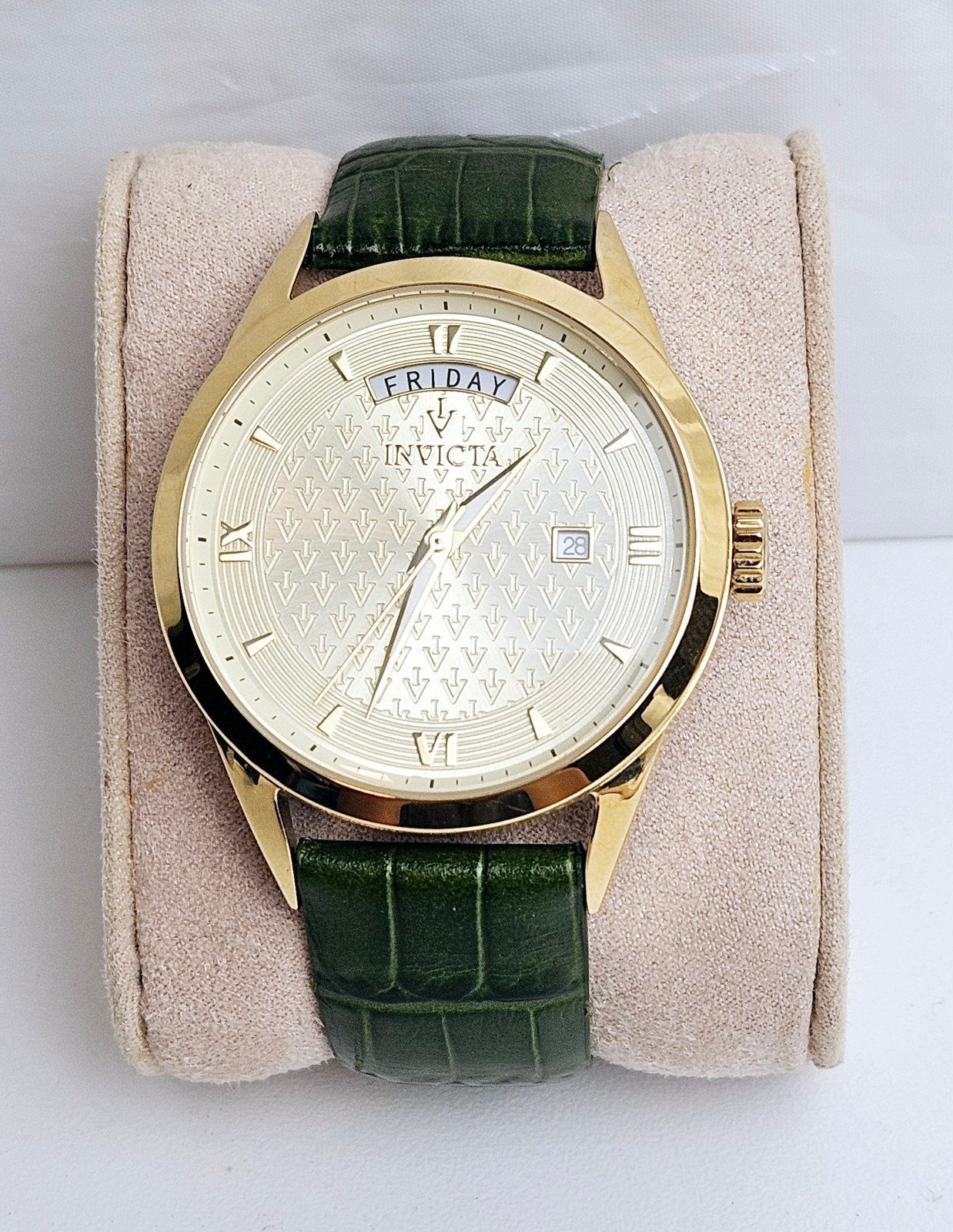 INVICTA 22827 Green Crocco Embossed Leather Strap Gold Dial Watch 40mm