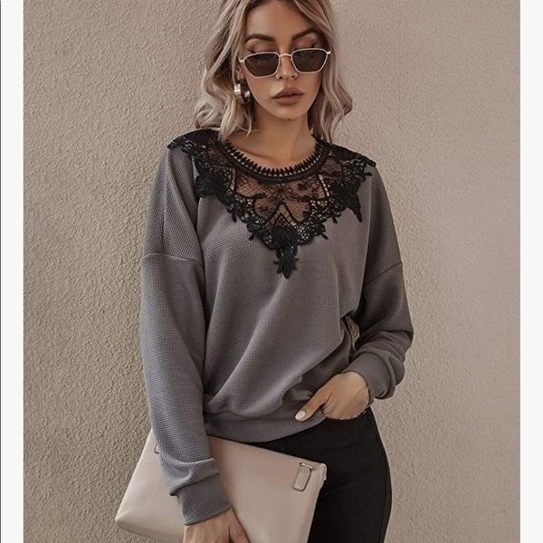 JUST IN Lace Neck Sweatshirt Pullover Top