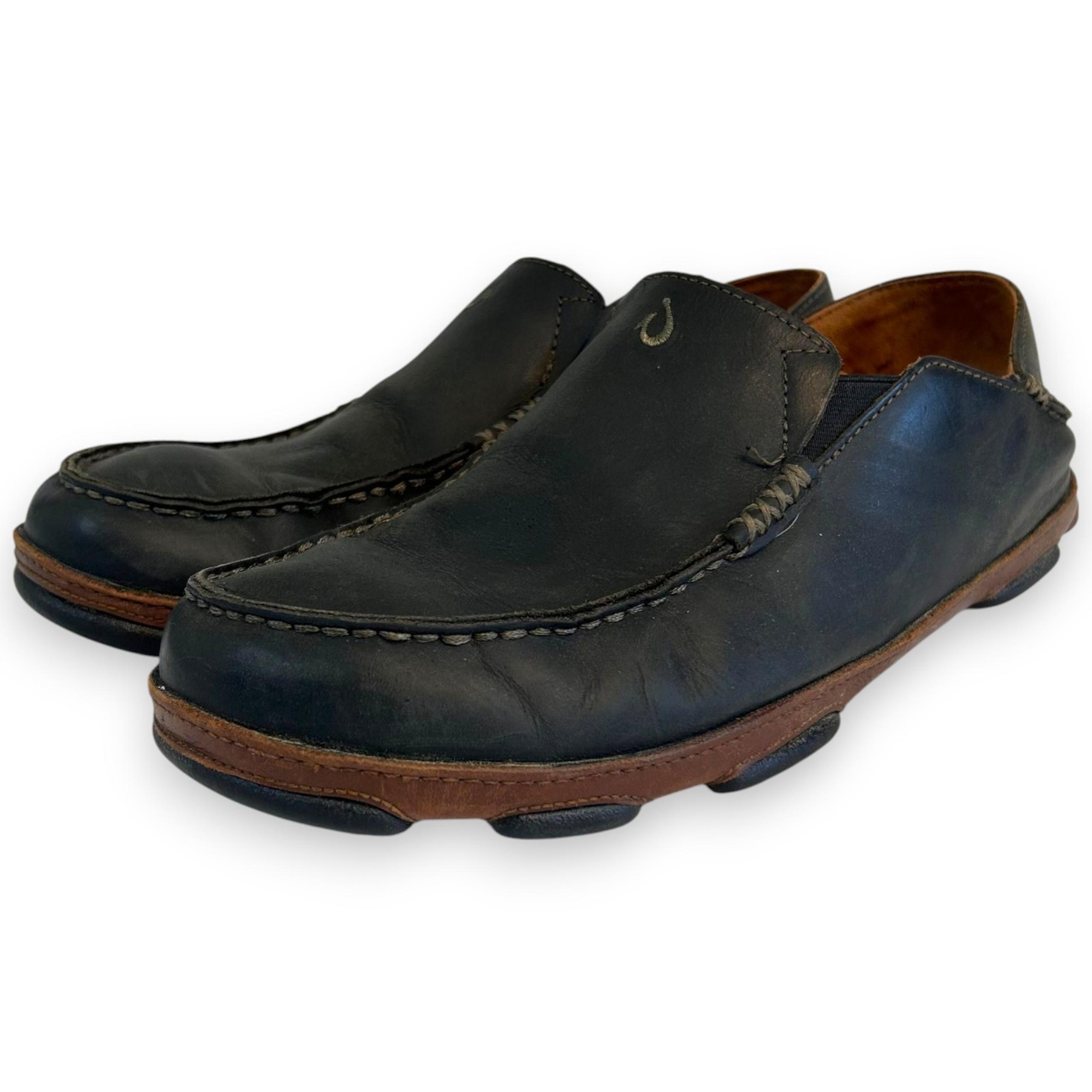 Olukai Moloa Mens 10 Black Leather Slip On Loafers Convertible
