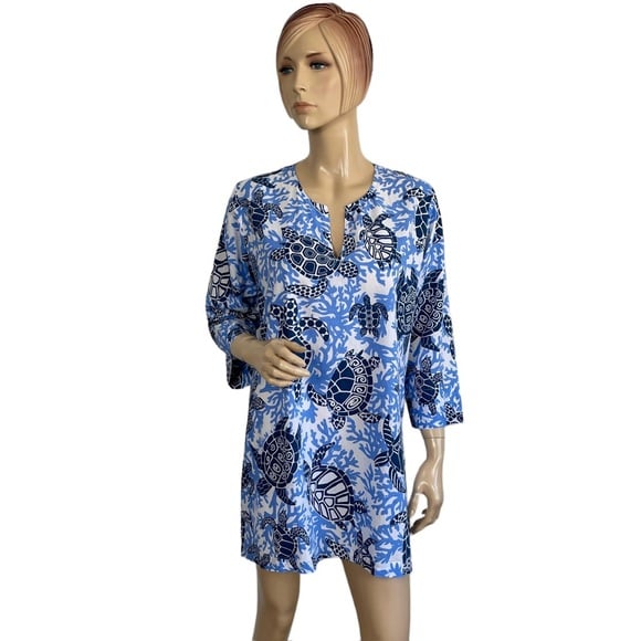 Gretchen Scott Designs Women's Blue Turtle Reef Print Tunic Small