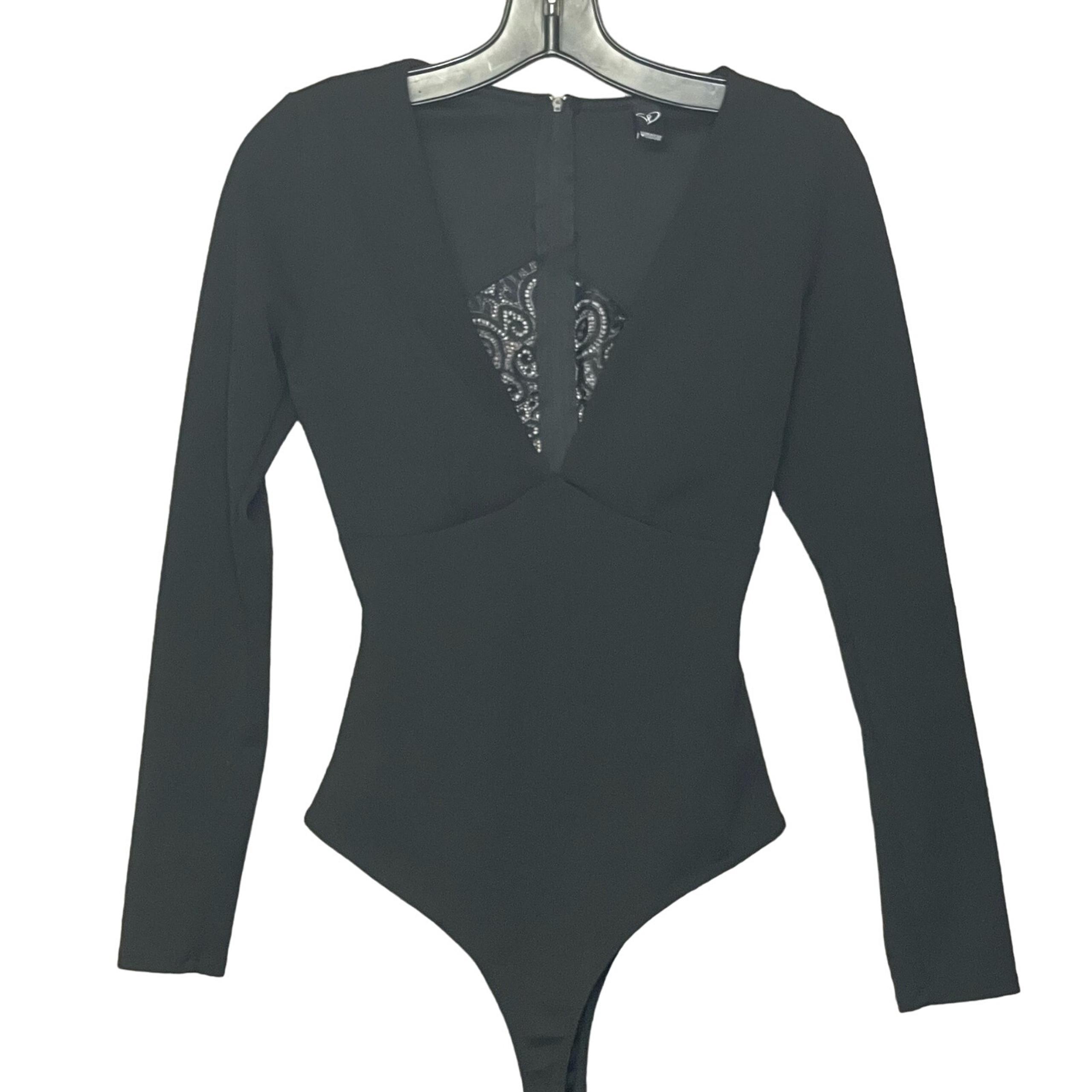 Windsor black bodysuit long sleeve sexy low cut vneck lace cutout size medium