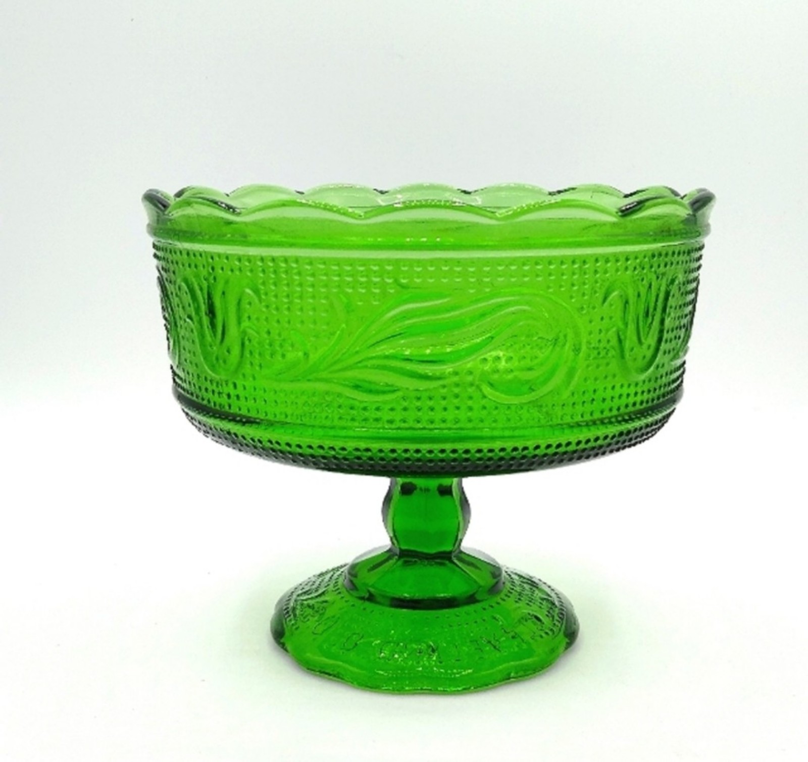 E.O. Brody Emerald Green Pressed Glass Scalloped Pedestal Bowl Vintage Compote