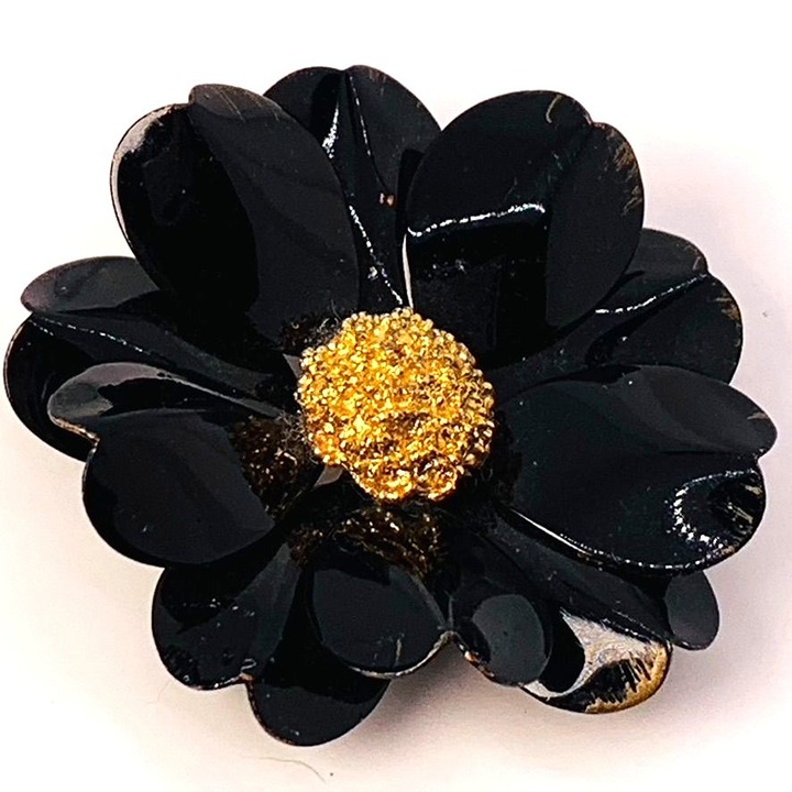 Black Enamel Flower Brooch Gold Stamen Center Vintage 1960s