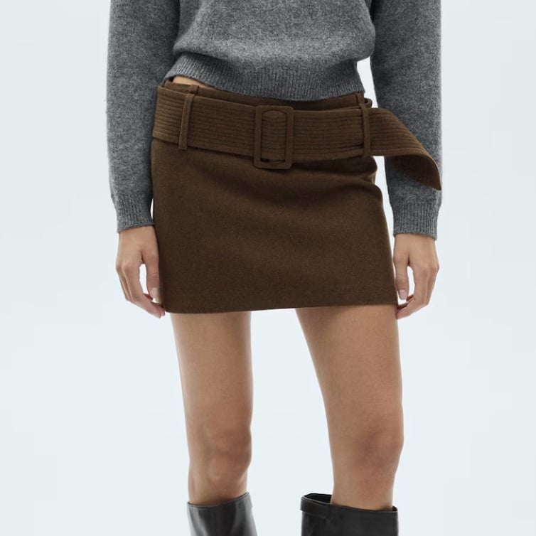 NWT Mango Wool Blend Belted Mid Rise Mini Skirt in Brown
