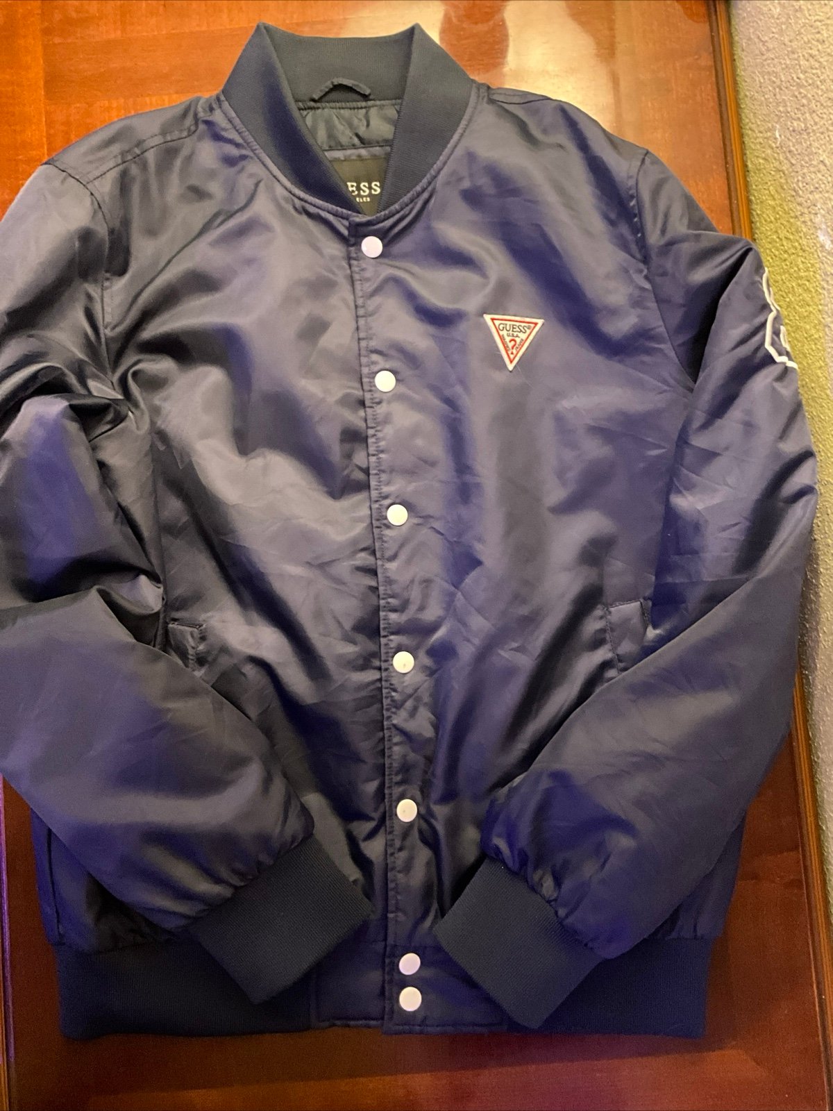 Guess Embroidered Satin Bomber Jacket Medium