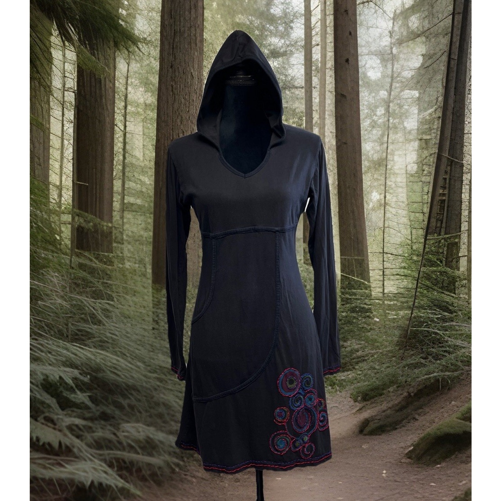 Tom Pai Embroidered Dress Medium Bohemian Hippie Hooded Black Boho Whimsigoth