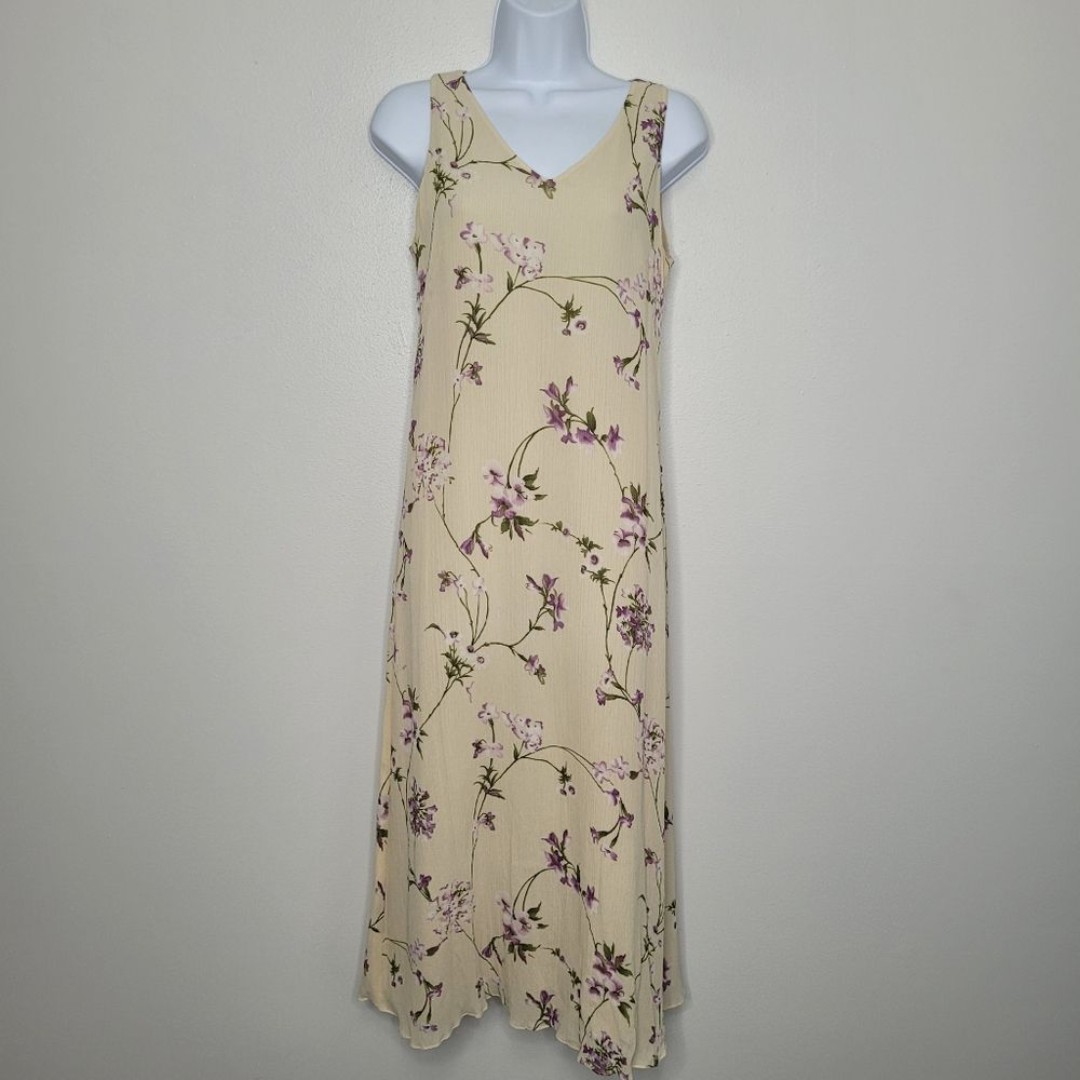 Vintage 90s butter yellow silk retro muted floral Sleeveless dress size 6p