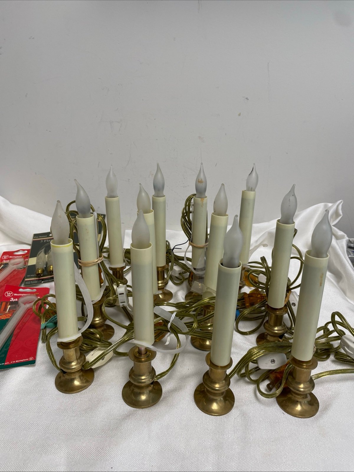 Vintage Brass Electric Window Candles, Set 12 With Extra Bulbs & Candle Locks