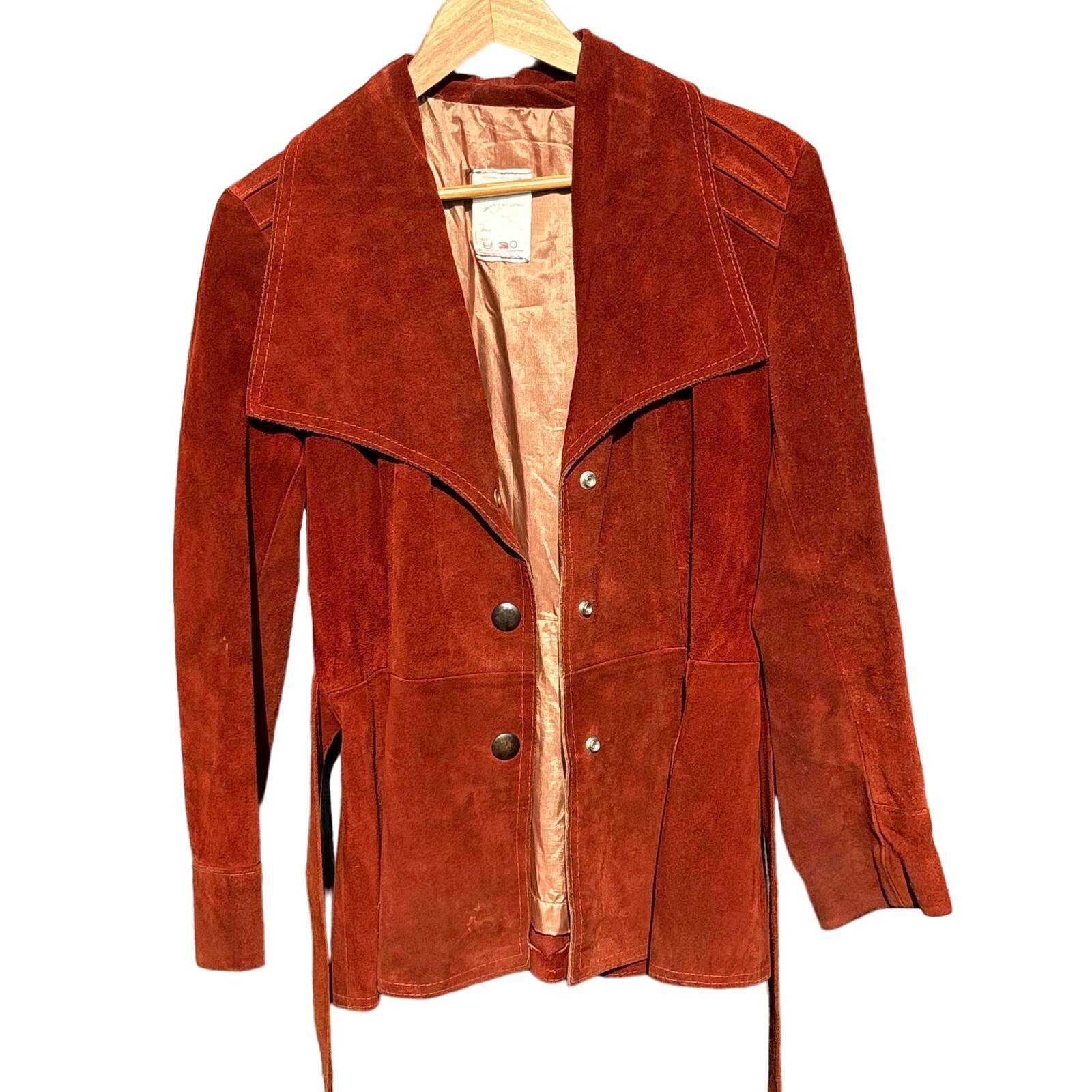 Vintage 70s Canadian Suede Red Leather Belted Snap Jacket Mens Size Small