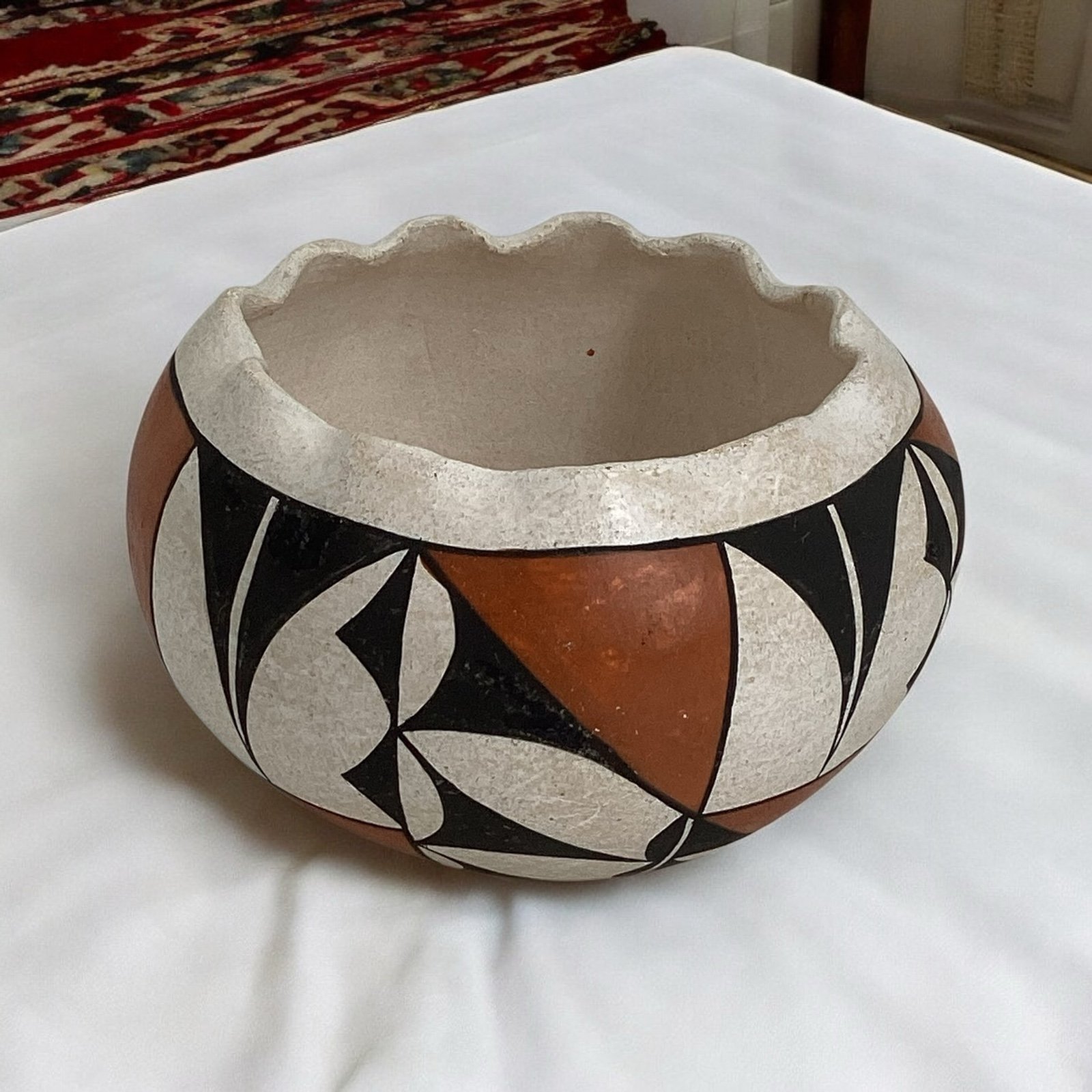 Vintage ACOMA Pottery Sky City Ruffled Edge Bowl Red Black Polychrome Signed