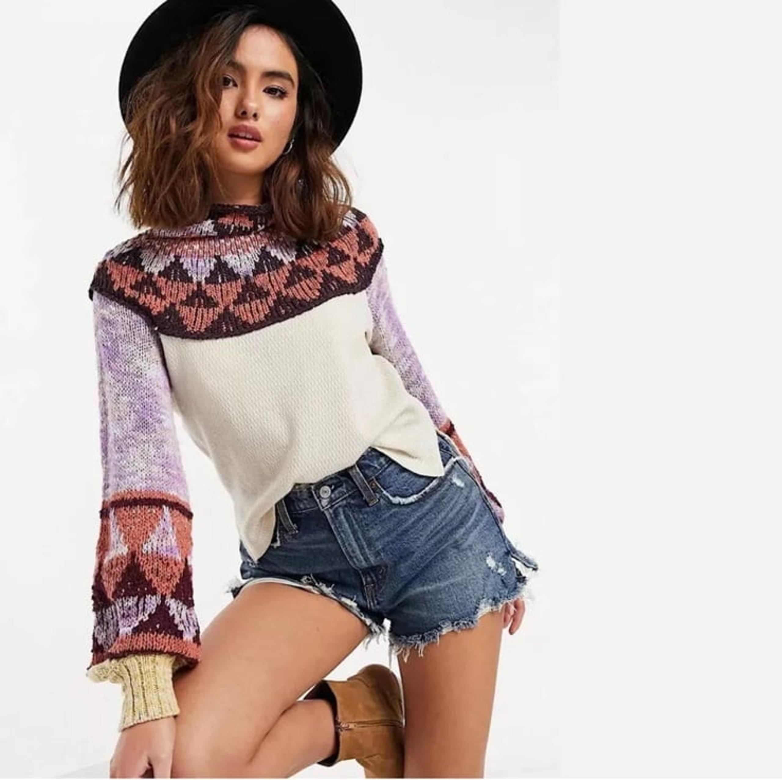 Free People Swit The Small Stuff Fair Isle Mock Neck Top Sweater Women’s XS