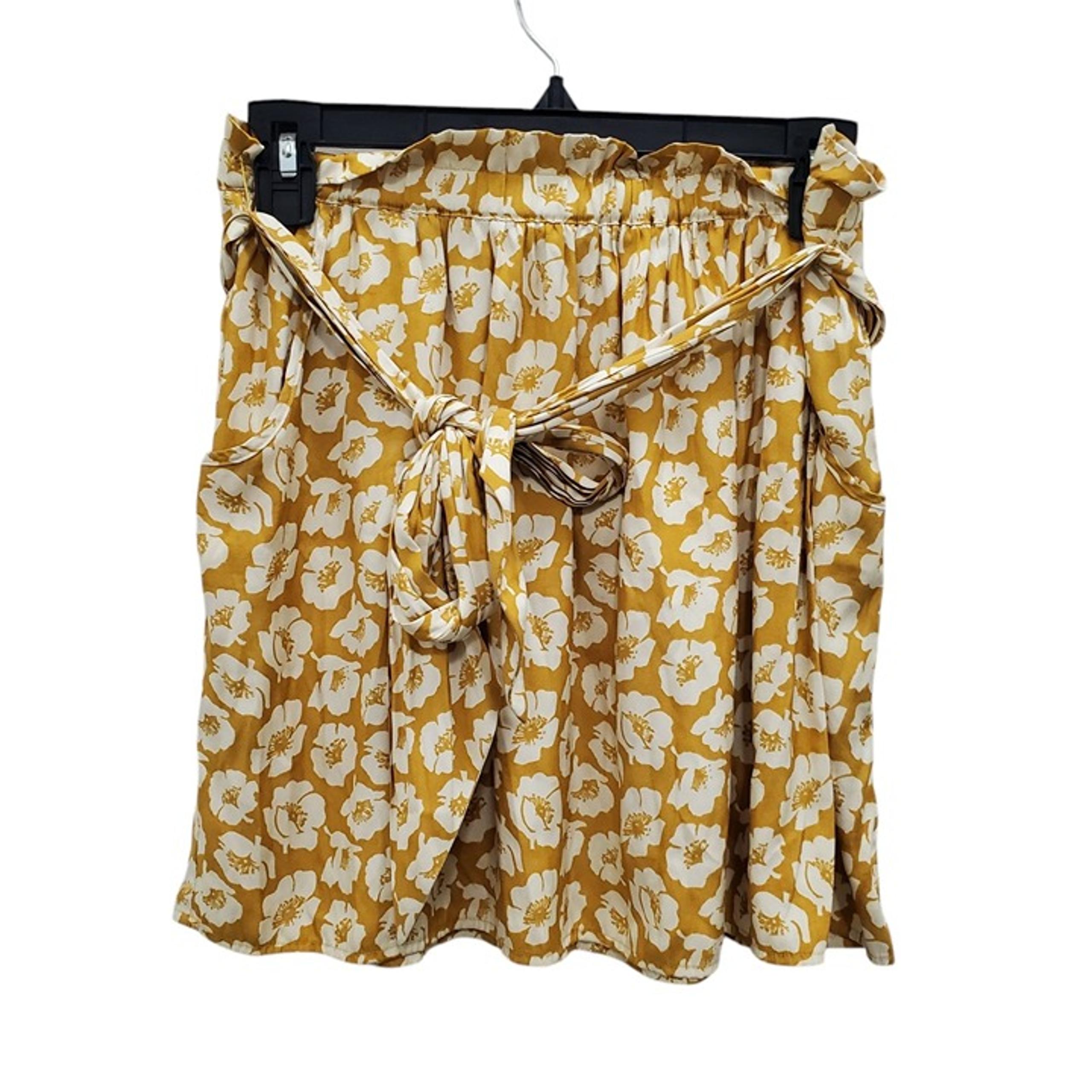 American Eagle Women's Mustard White Floral Print Tie Belted Paperbag Skirt Sz M