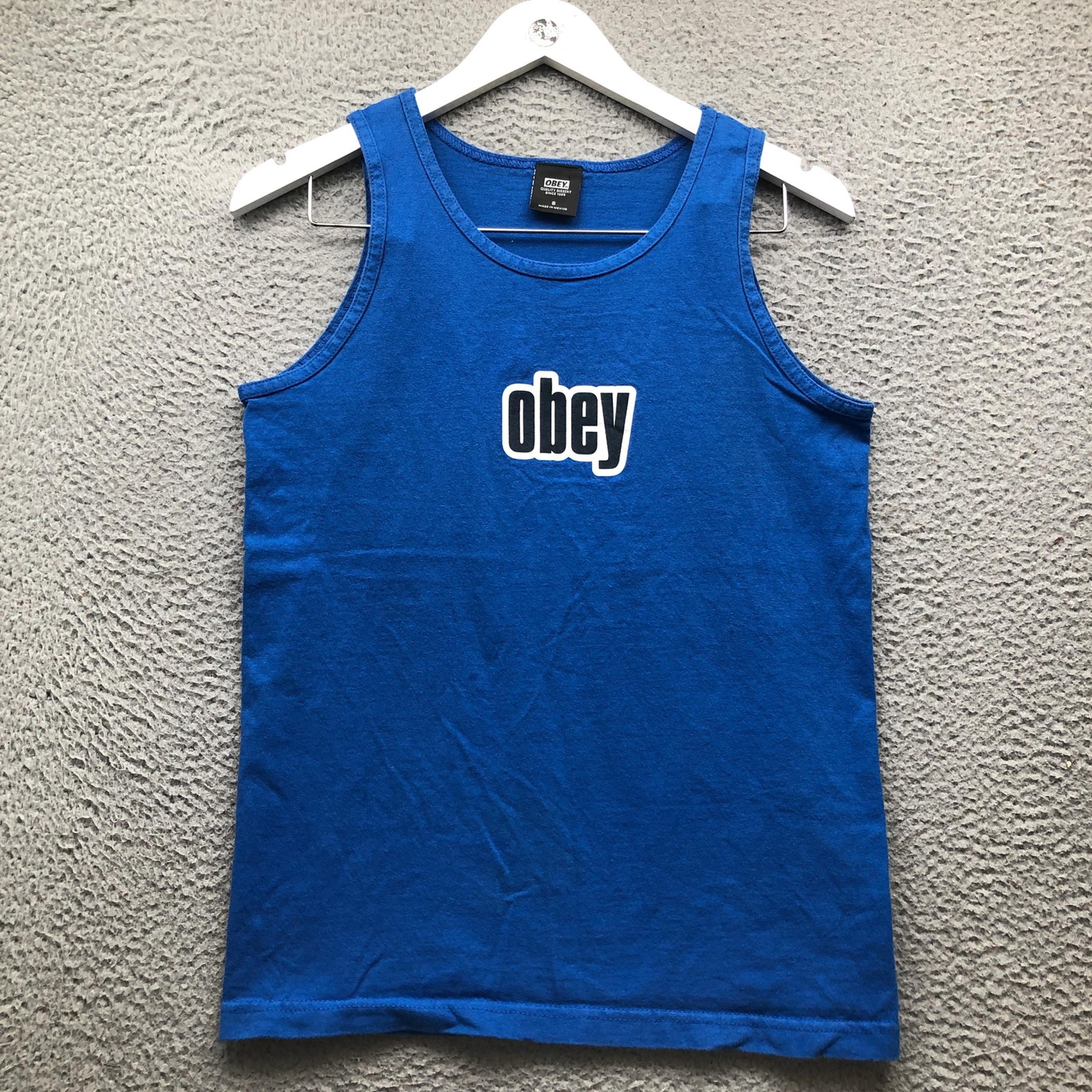 Obey Tank Top Men's Small S Round Neck Graphic Logo Blue Black White