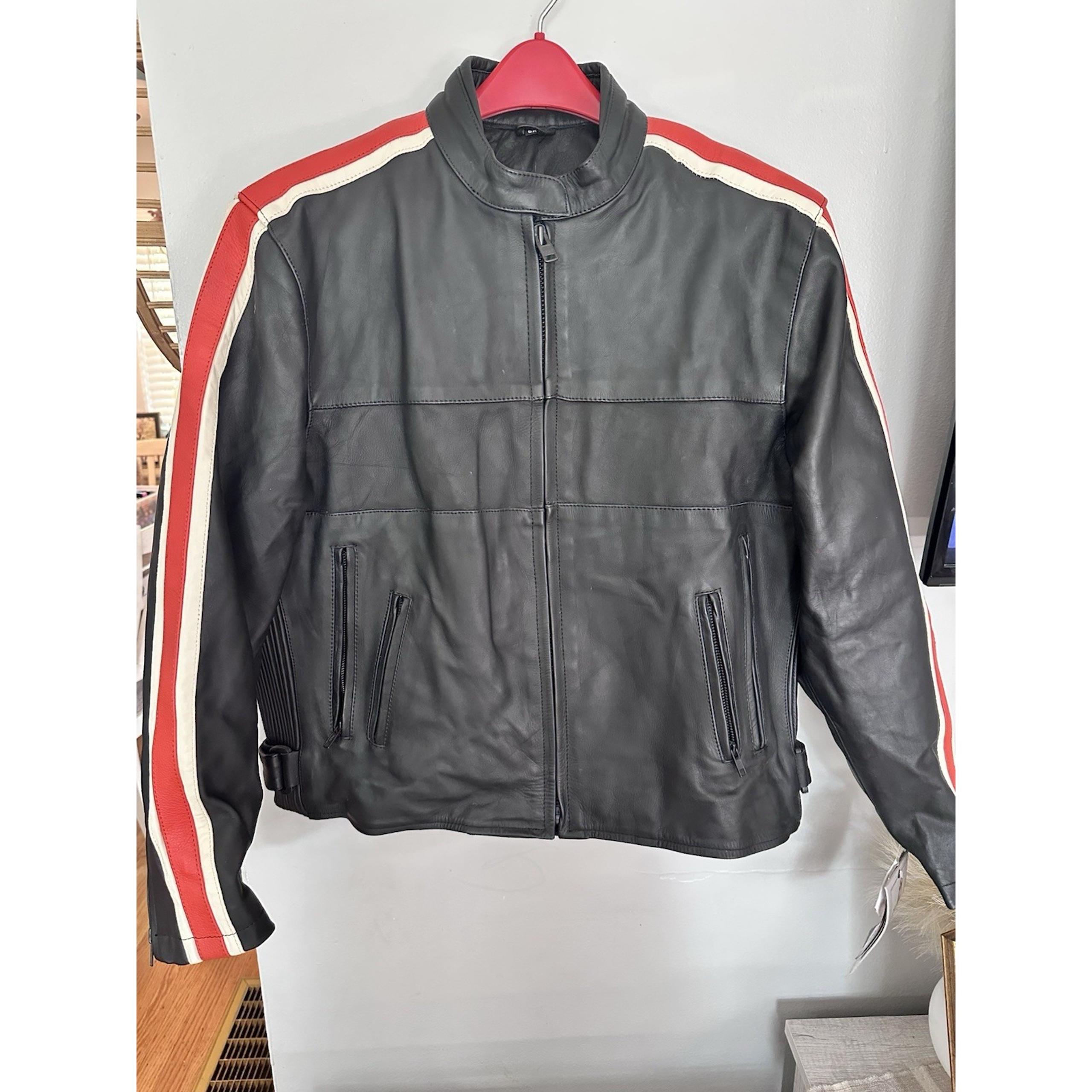 Leather Motorcycle Jacket Padded Black Biker Riding Y2K Stripe Size 5XL - Unik