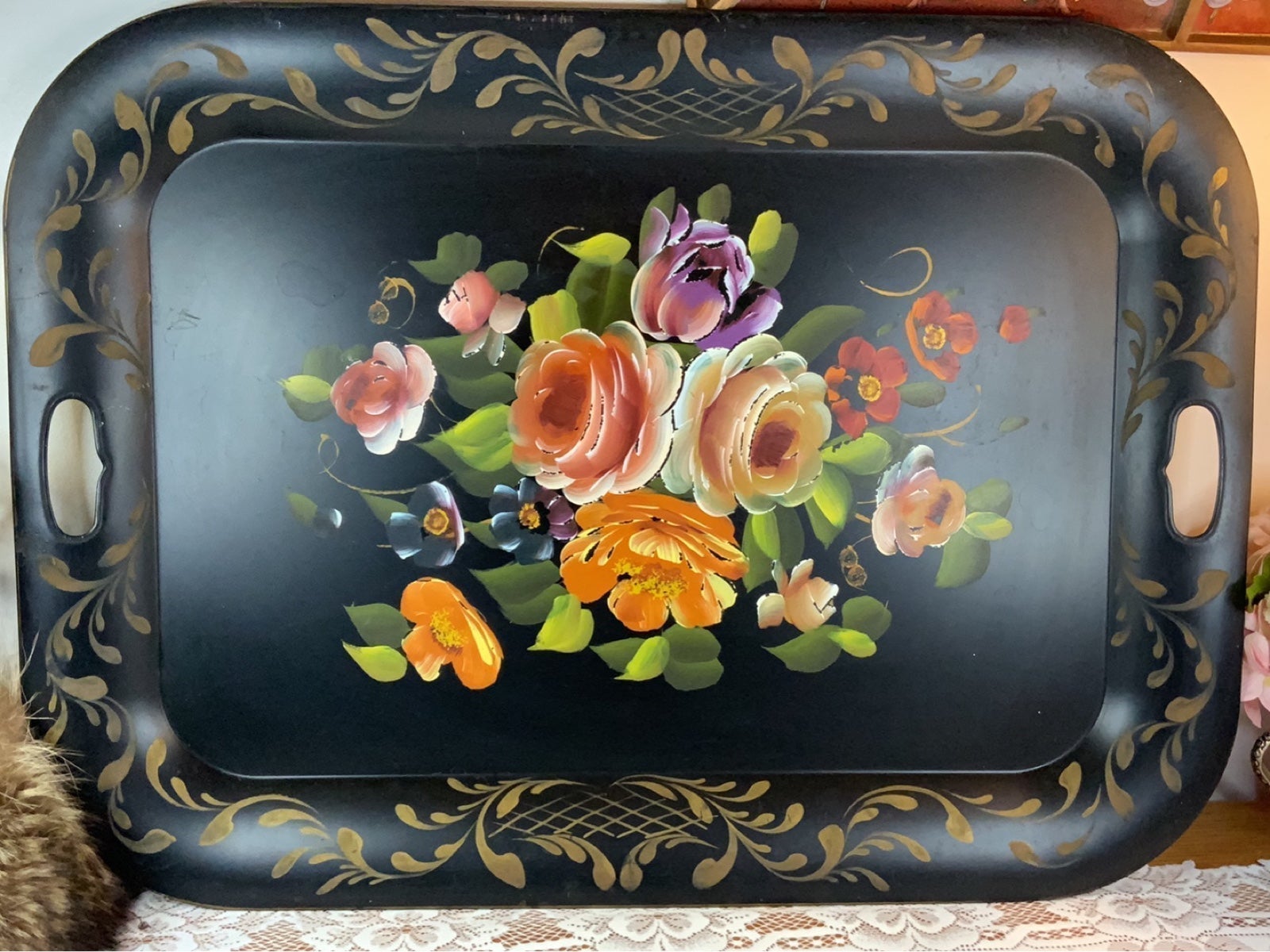 1950’s Extra Large Black Toleware Hand Painted Serving Tray 26 1/2 x 19 1/4