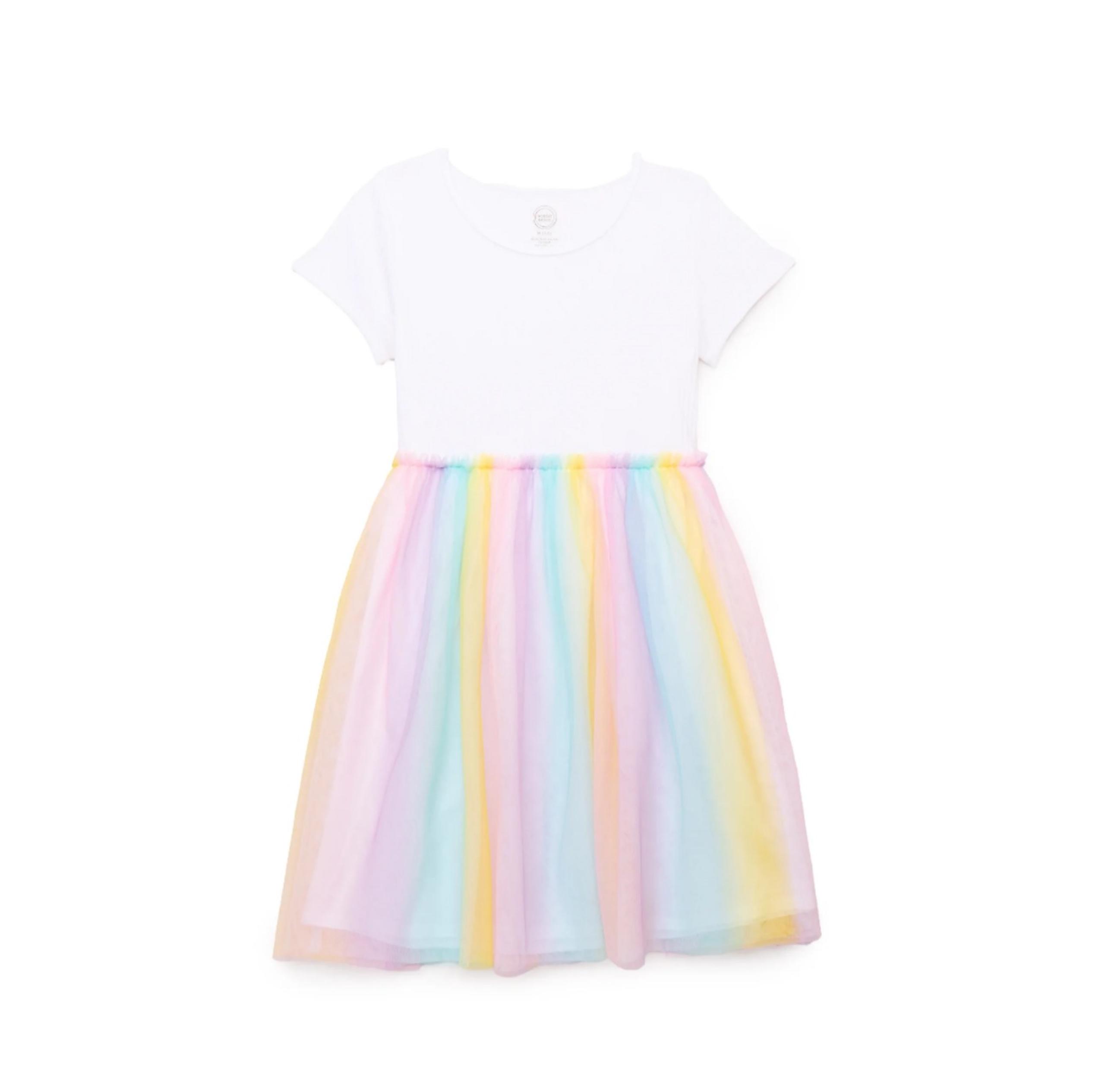 Wonder Nation Girls Size S (6-6X) Short Sleeve Tutu Dress Vivid White/Pastel