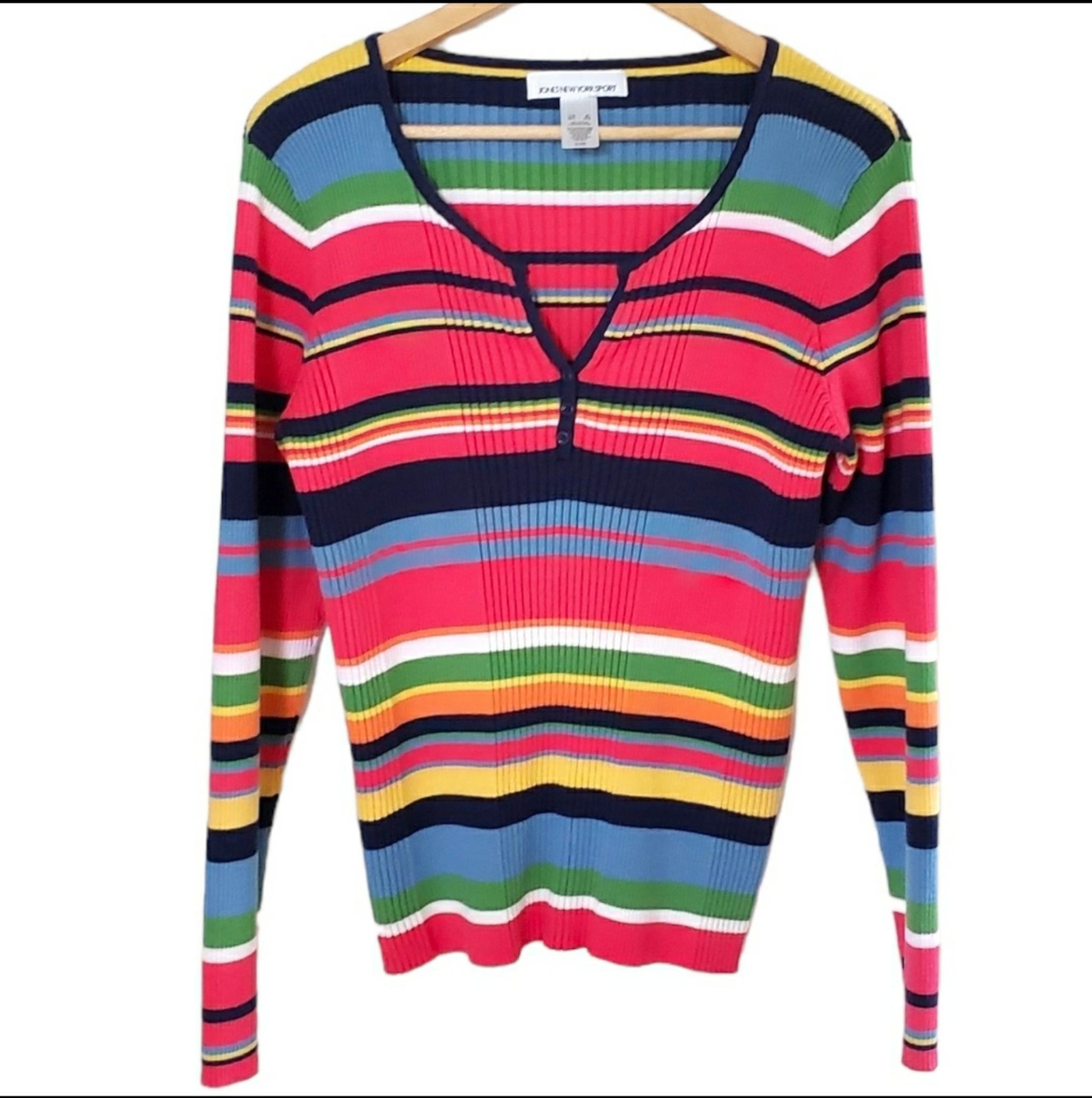 Jones New York Knit Top Size XL Rainbow Cotton Striped V Neck 80s 90s Colorful