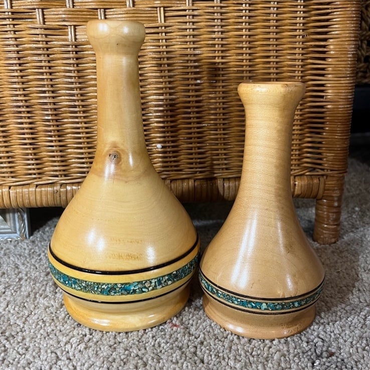Vintage, handmade wood vase set 2 vases hand signed by artist turquoise accent
