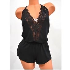 Victorias Secret Supersoft Crochet Trim Sleep Romper black S