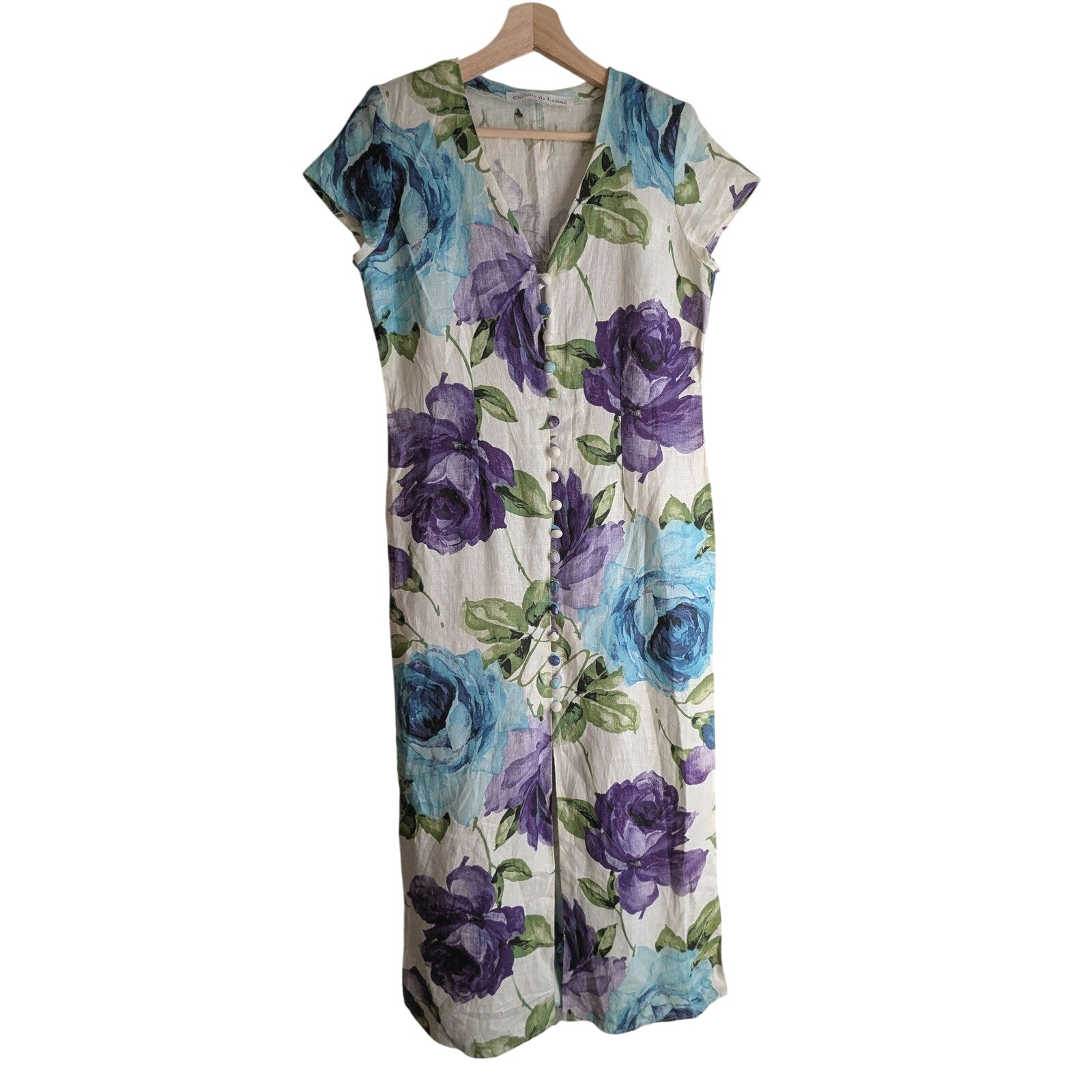Vtg 90s Christie deLaRue Paris Size 6 Floral Midi Dress Feminine 100% Linen