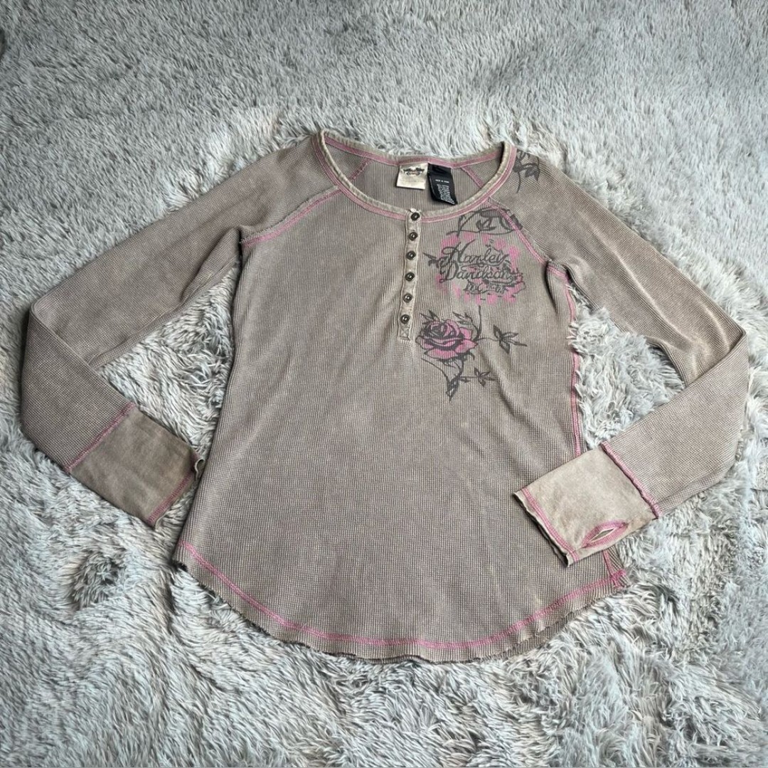 Harley Davidson Shirt Small Vtg Thermal Henley Gray Bkack Motorcycle Thumbholes