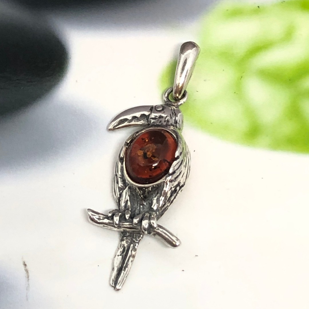 Vintage Sterling Silver Amber Bird Pendant