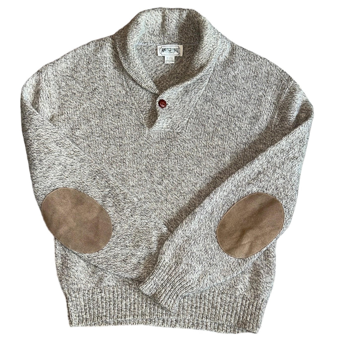 Vintage 80s American Eagle Rag Wool Sweater Size Large With Suede Elbow Patches