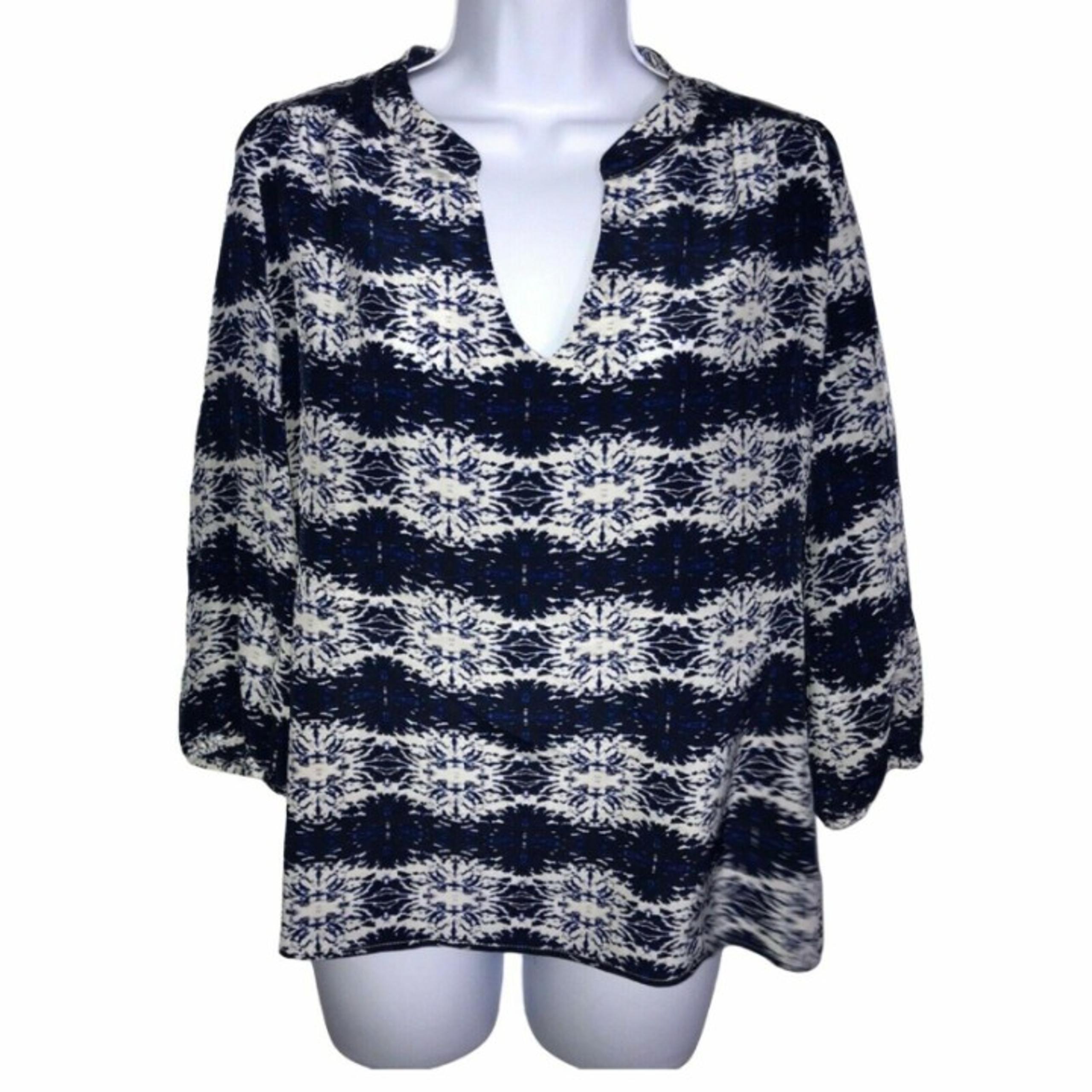 Amour Vert Blue Abstract Splatter Lightweight 100% Silk Navy Blouse Women's XS
