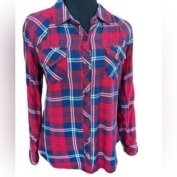 Rails Women's Kendra Flannel Red Blue Plaid Flap Pockets Button Shirt Size XS