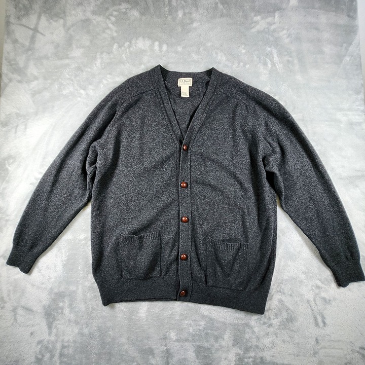 LL Bean Lambswool Cardigan Sweater Large Tall Gray Grandpa Cabin Classic Cottage